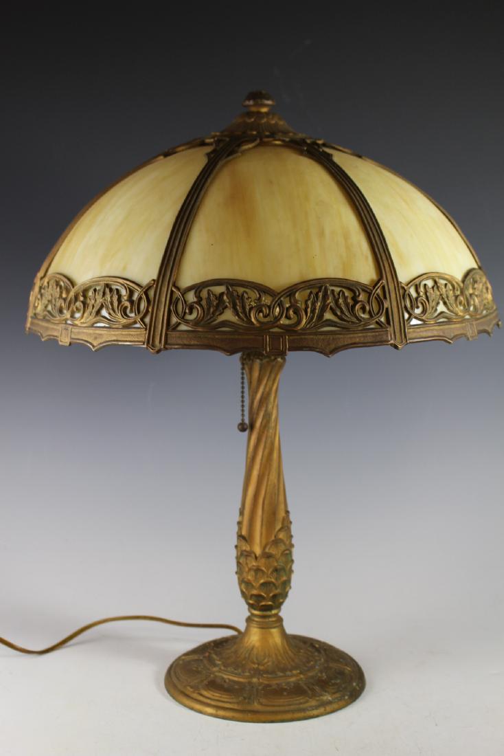 Miller Slag Glass Panel Lamp: Miller caramel slag glass panel lamp. Working condition as shown, normal use and wear. Standing approx. 21" tall with 16" shade. See photos.