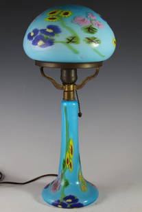 Venetian Art Glass Lamp: Blue mushroom style art glass lamp with floral (millefiori style) table lamp. Working condition, standing approx 18" tall x 9" w. Working condition as shown with some light dust soil. See photos.