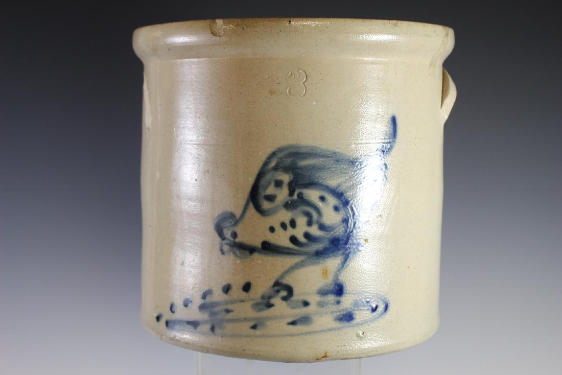 3 GAL. Stoneware Crock with CHICKEN Peeking Corn: Three-Gallon Stoneware Crock with Cobalt Chicken Pecking Corn Decoration, attributed to Brady & Ryan, Ellenville, NY, circa 1885, cylindrical crock with tooled shoulder, semi-squared rim, and applied 
