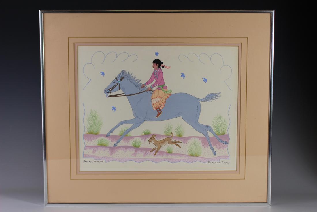 Harrison Begay, Navajo (1914-2012): Original Artwork, Acrylic and water colors.. opaque watercolor of the type used in gouache painting, by Harrison Begay Haskay Yahne Yah, Signed as shown.. Navajo for Warrior Who Walked Up To His Enemy