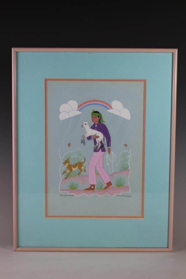 Screened Printed Harrison Begay of Girl and Lamb: Harrison Begay girl signed and lamb screened printed of original artwork (Navajo for Warrior Who Walked up to His Enemy) opaque watercolor of the type used in gouache painting. Approx. 12.25"t by 9"w,