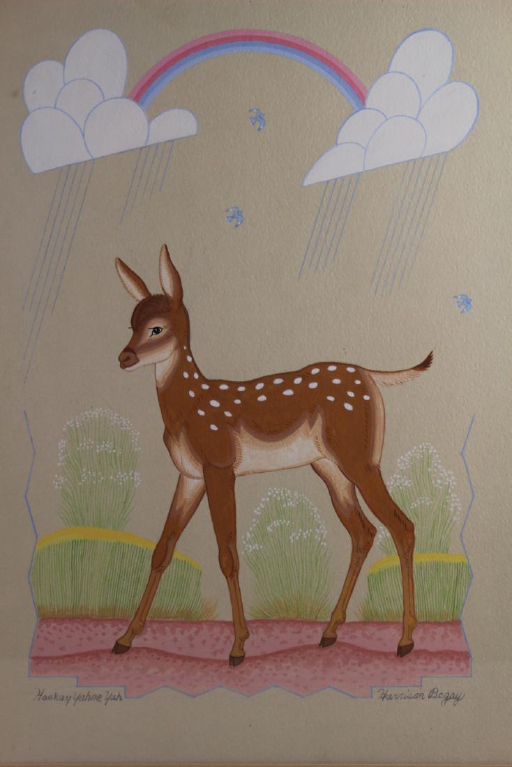 Signed Original Artwork Harrison Begay (1914-2012): Signed original artwork by Harrison Begay, Navajo (1914-2012) opaque watercolor of the type used in gouache painting. Acrylic and water colors depicting standing fawn. Approx. 20.75"t by 15.75"w inclu