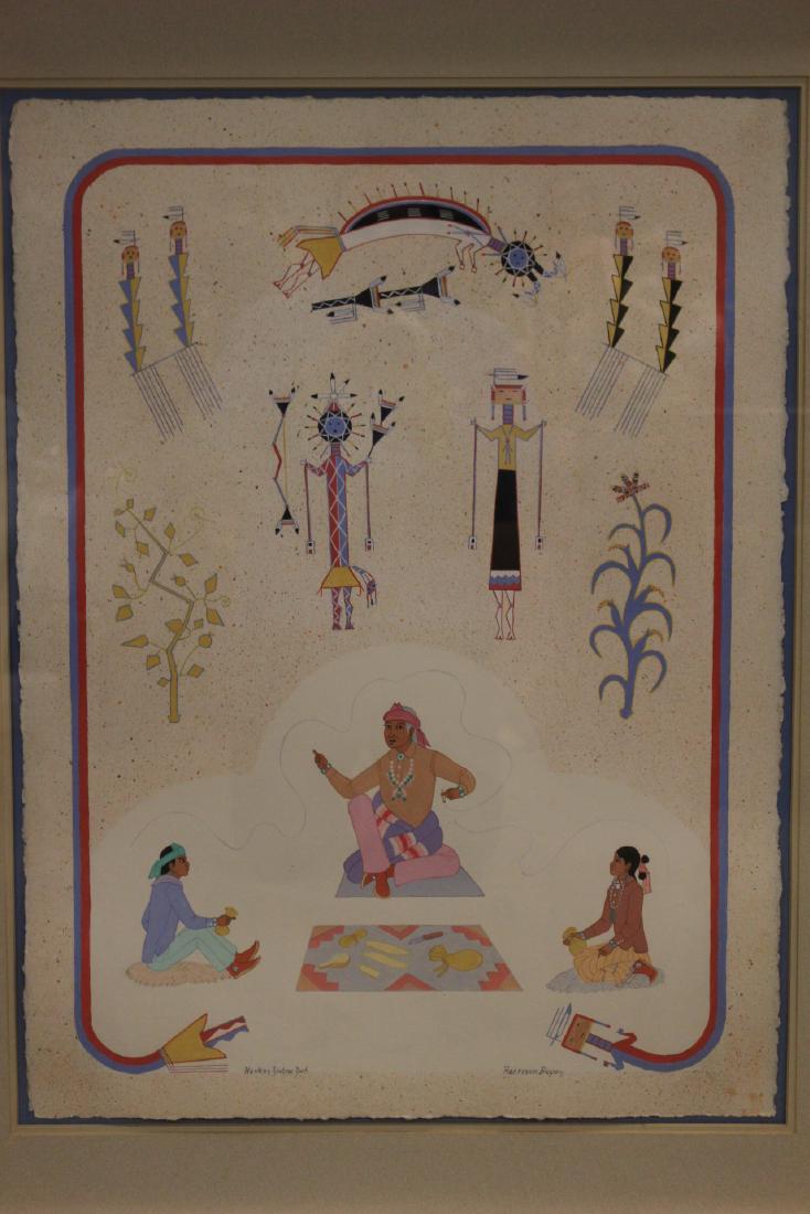 Original Harrison Begay, Navajo on Handmade Paper: Harrison Begay, Navajo (1914-2012) original artwork. Acrylic and water colors, on Handmade paper, opaque watercolor of the type used in gouache painting. Depicting several figures and smoking elder. A
