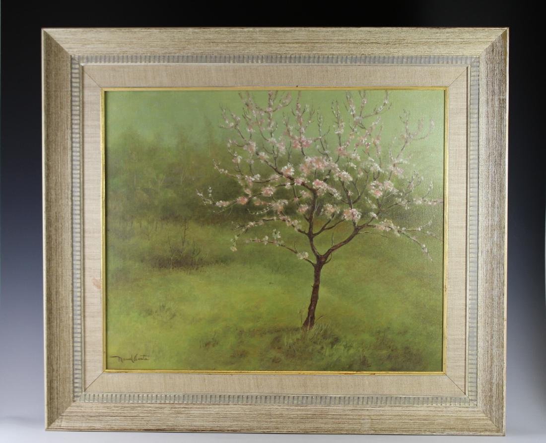 Manuel Acosta (1921-1989) Oil on Canvas: Manuel Acosta (1921-1989) Oil on Canvas titled "Peach Tree". Landscape scene as shown. Measuring approx 32" w x 28" tall including the frame its contained in. Signed in lower left as shown. See photos