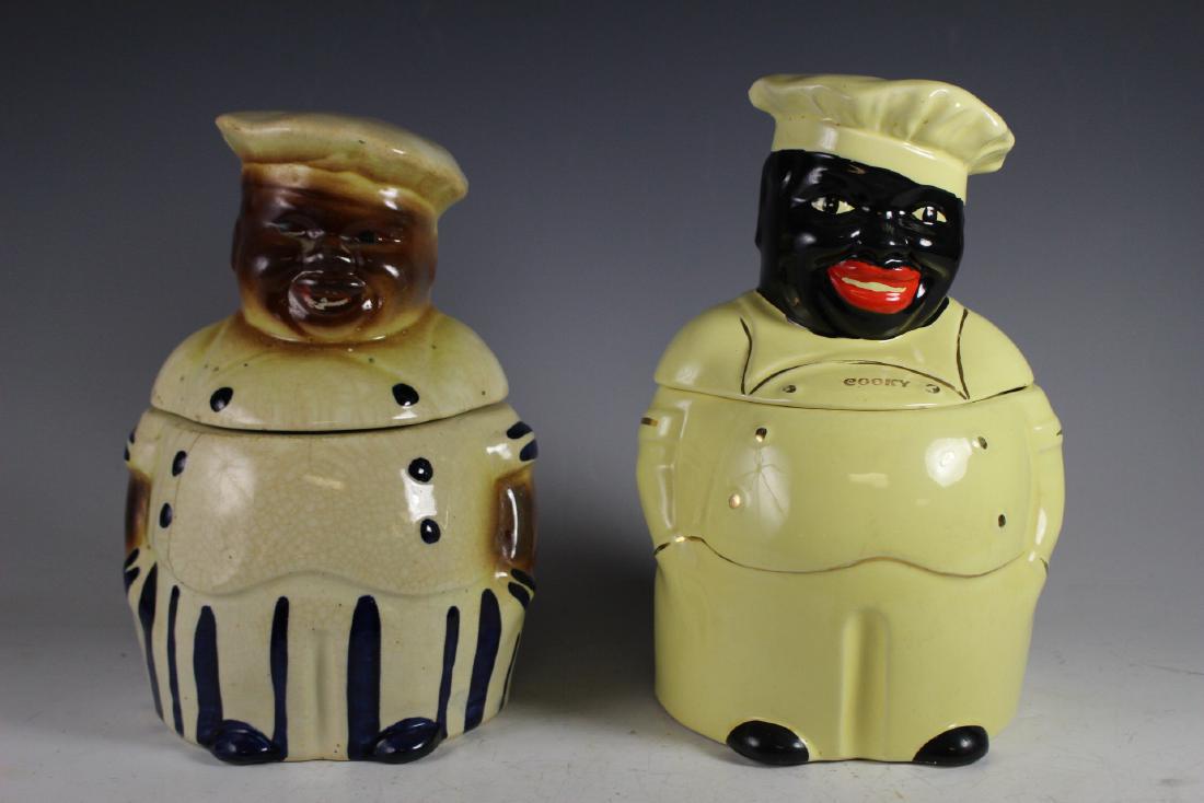 Two Black Americana Cookie Jars: Lidded cookie jar of black negro American. Mid 20th century. Condition is age appropriate. See photos.