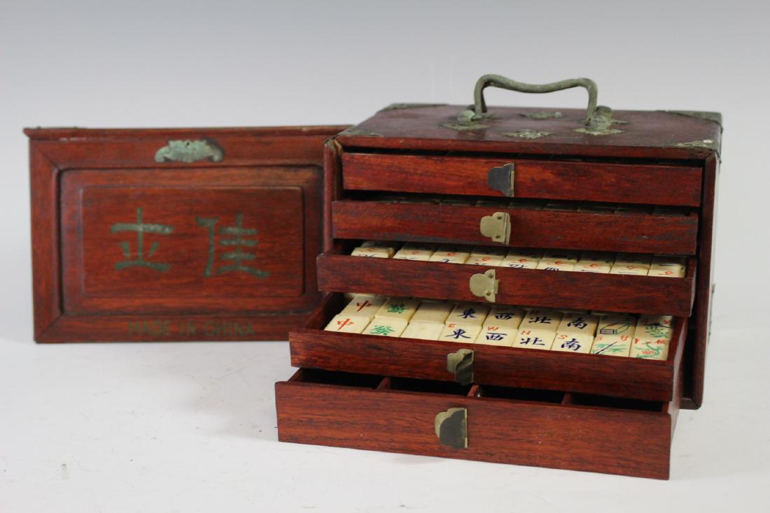 19th Century Chinese Mah Jong Box Set: 19th century Chinese Mah Jong Box set. In good age appropriate condition with some surface corrosion to handles and hardware, see photos.