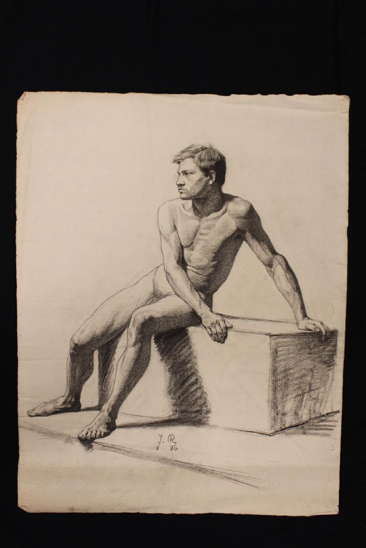 Julius Christian Rehder (German, 1861-1955): Signed Graphite drawing by Julius Rehder depicting the male body. 19th c. French School, follower of Jacque Louis David- Nude Male Study- black chalk academy drawing on buff laid paper, a nude in the