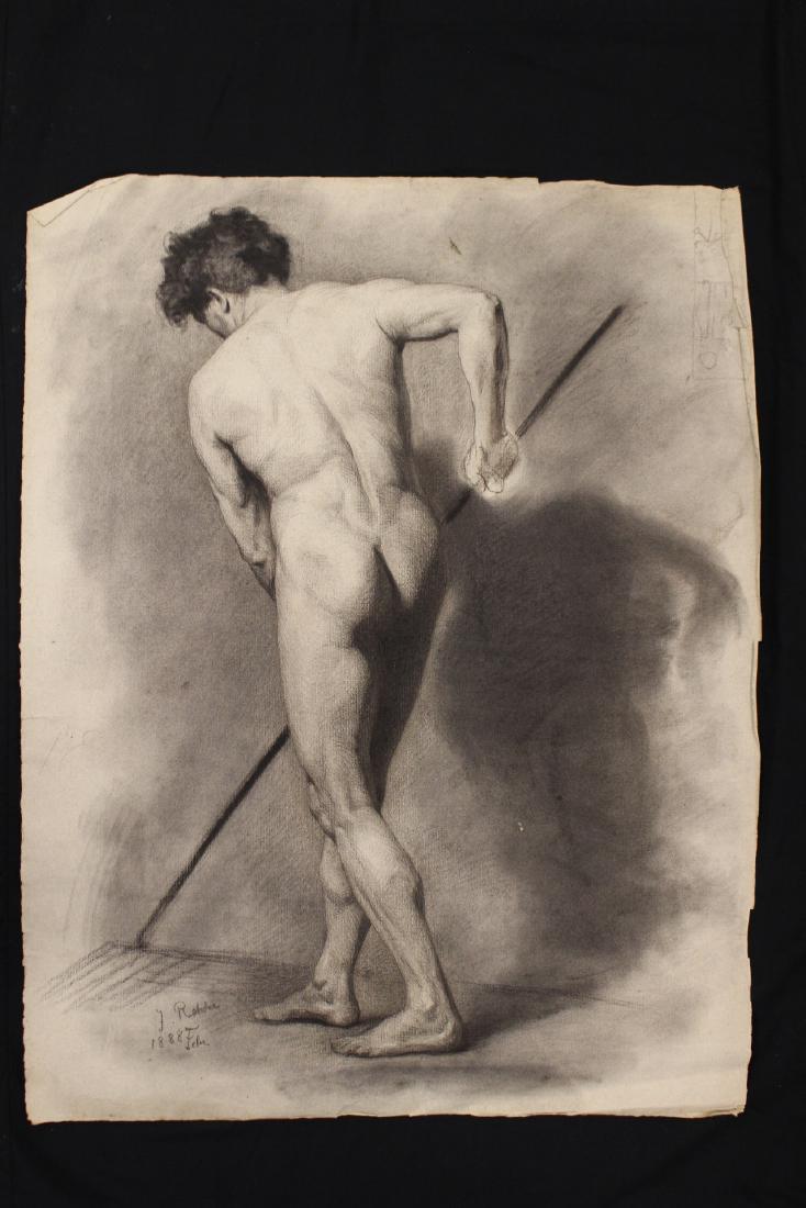 American School of Male Nude Study 19th Century: Graphite drawing by Julius Rehder depicting the male body. 19th c. French School, follower of Jacque Louis David- Nude Male Study- black chalk academy drawing on buff laid paper, a nude in the exact.