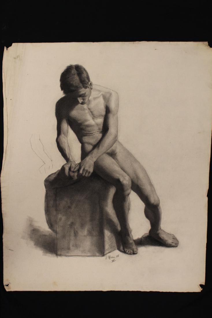 Julius Christian Rehder (German, 1861-1955): Signed and dated 1885 Graphite drawing by Julius Rehder depicting the male body. 19th c. French School, follower of Jacque Louis David- Nude Male Study- black chalk academy drawing on buff laid paper,