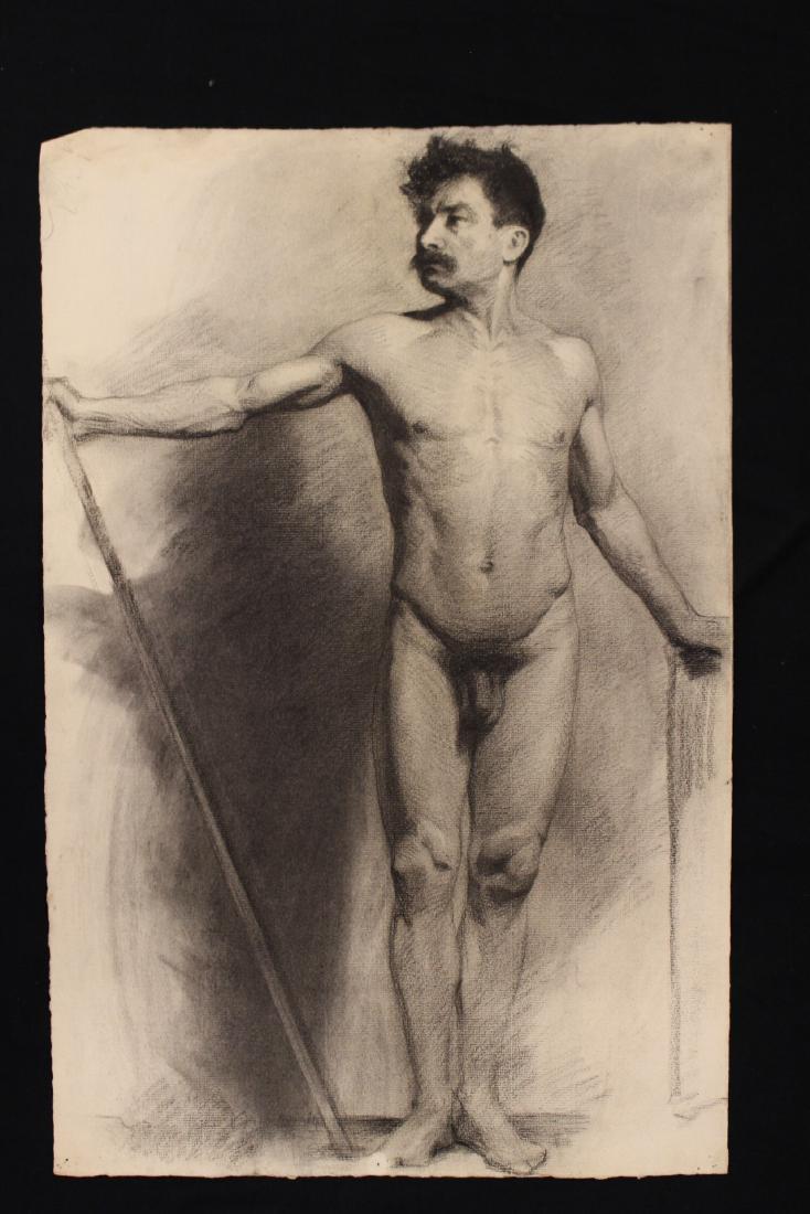Late 18th / Early 19th c. French School drawing: Late 18th / Early 19th c. French School, follower of Jacque Louis David- Nude Male Study- black chalk academy drawing on buff laid paper, a nude in the exact, but obverse pose of figures in David's pa