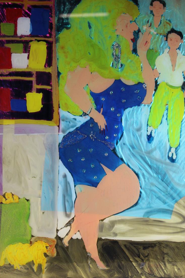Margarita Moguel Mixed Media: Signed Margarita Miguel, (20th c.). Mixed media on foil or paper, signed in lower right as shown. Approx 33" x 24" including the frame its contained in. Normal use and wear, see photos. Fun and vibrat