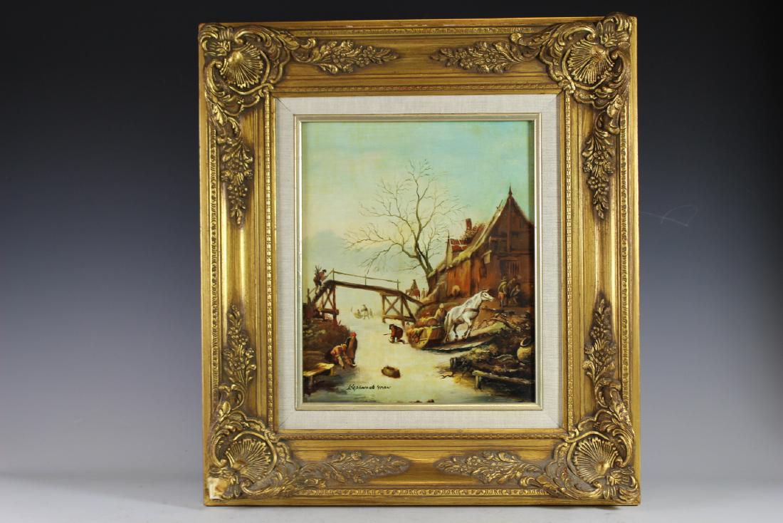 Stephan de Haan (Dutch, 20th Century): Early 20th century Dutch oil on panel, signed recto l.l., "Stephan de Haan." Netherlands winter scene depicting laborers and townspeople ice skating. Mid 20th century gilt gesso frame. Board 12" x 10"