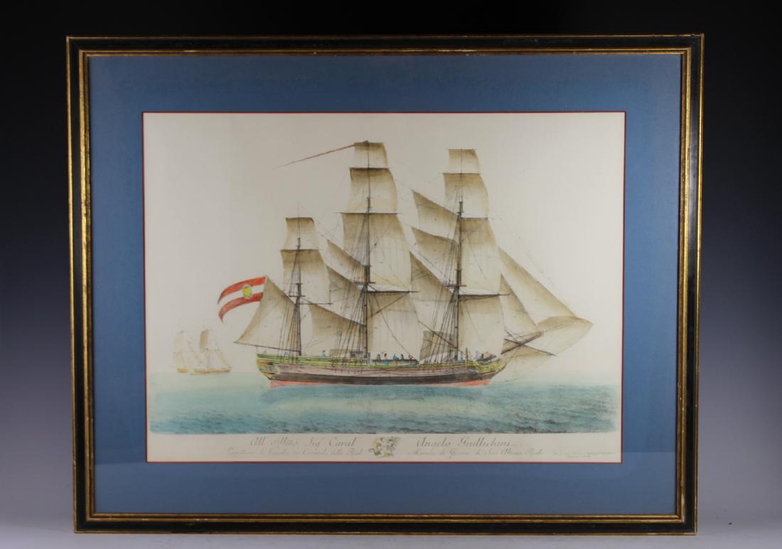 Colored Copper Engraving of Nautical Ship (1 of 12)