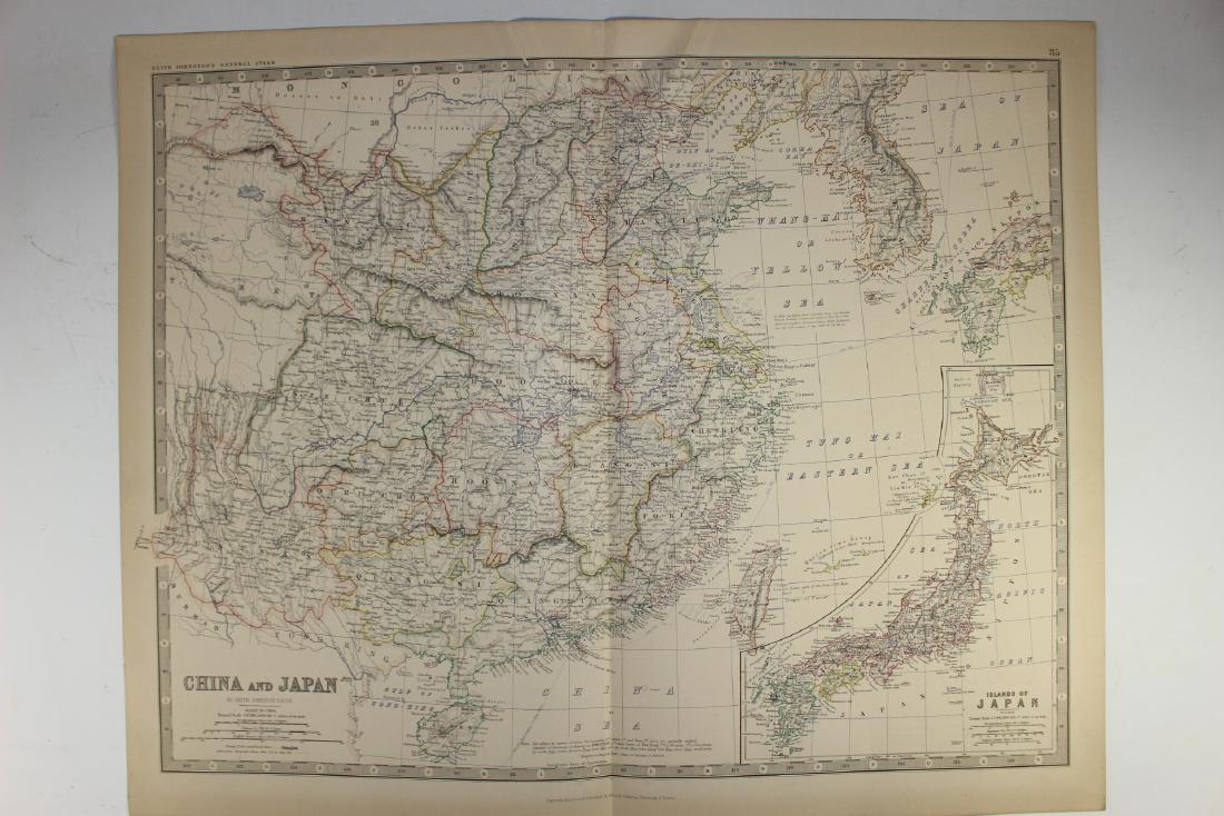 Keith Johnston Edinburgh Map of JAPAN and CHINA: Keith Johnston Edinburgh Map of JAPAN and CHINA. Engraved and printed by W & AK Johnston Edinburgh & London. Approx. 24" x 19.5" and in good, age appropriate condition as shown, see photos.