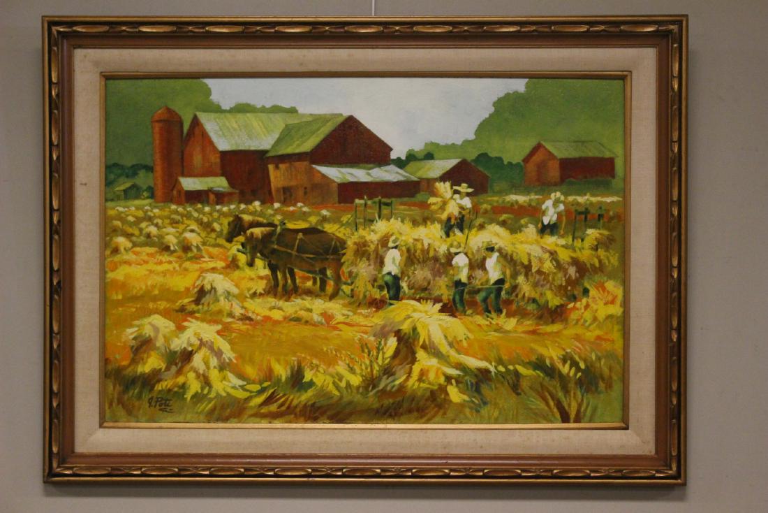 Cleveland Artist John E. Poti Oil on Board of Amish Man: Oil on board depicting Amish man and horses tending to field by Cleveland artist John E. Poti. Approx. 44" wide by 33" tall including the original frame its contained in. See photos.