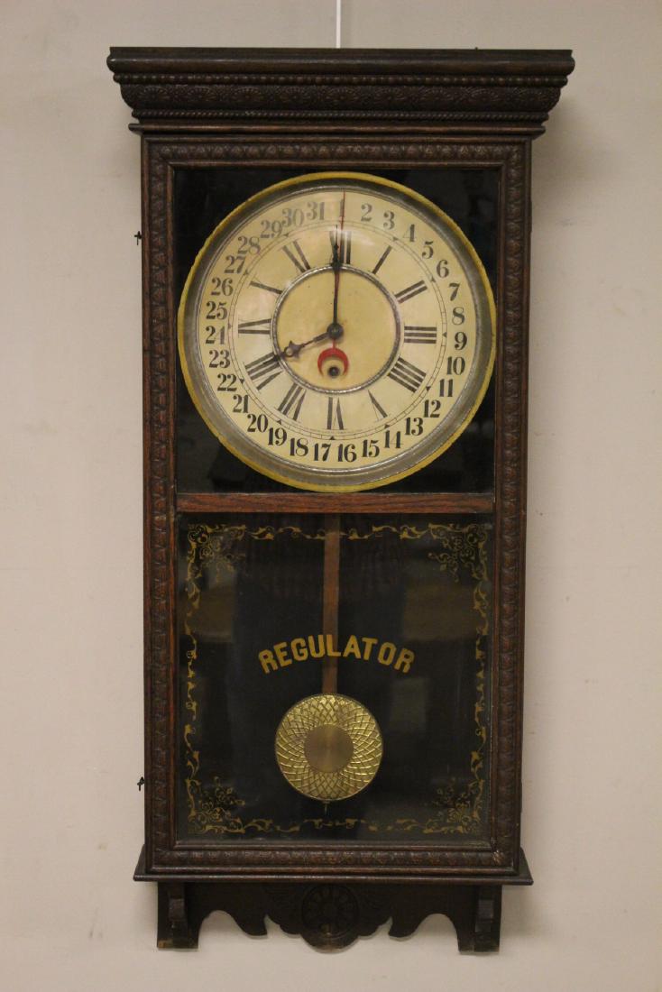 Sessions 30 Day Regulator Clock: Original dial, hands and decals made by The Sessions Clock Company Forestville, CT. long case regulator with a 30 day cycle. Overall age appropriate condition. Approx. 38"t., See photos.