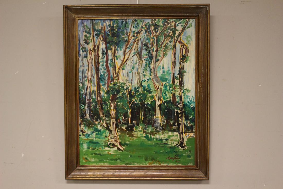 Egon Vicai (Hungarian/American, 1926-2016): Signed lower right oil on board Egon Vicai 1963 (Hungarian/American, 1926-2016) Bold vibrant colors depicting a scenic forest scene. Approx. 35"t x 29"w. In very good age appropriate condition, see ph