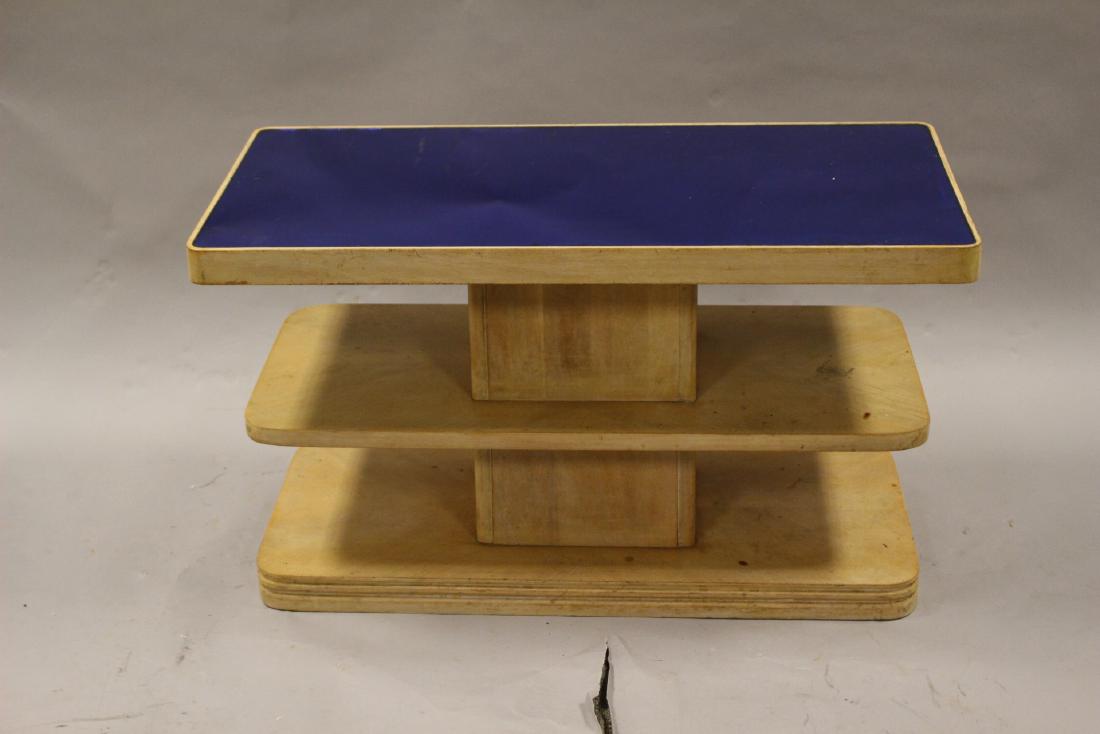 Mid Century Modern Table: Three tiered retro table with art deco blue glass. Approx. 18"t x 16.5"w x 32"d. having signs of use and wear throughout, see photos.
