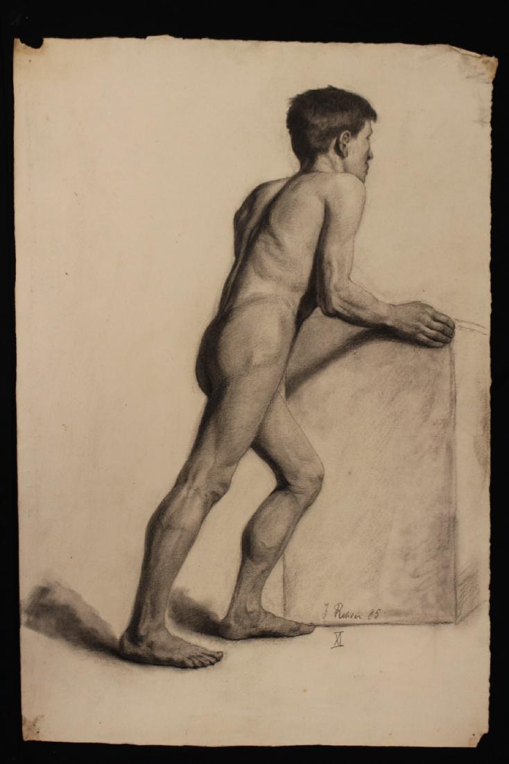 Julius Christian Rehder (German, 1861-1955): Signed and dated 1885 Graphite drawing by Julius Rehder depicting the male body. 19th c. French School, follower of Jacque Louis David- Nude Male Study- black chalk academy drawing on buff laid paper,