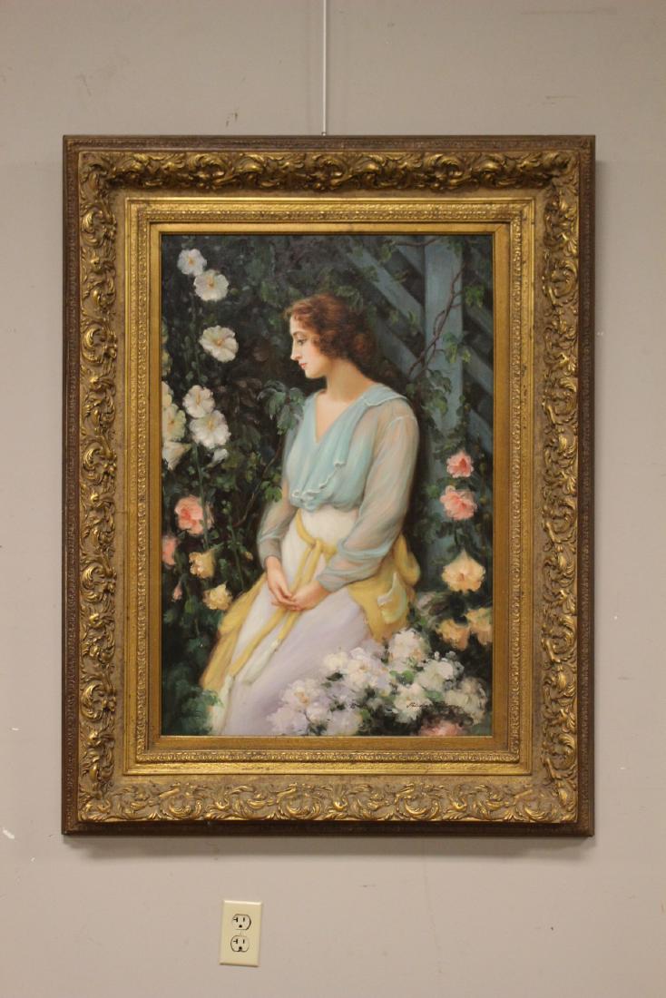 20th Century Richard Moore Oil on Canvas: 20th Century Richard Moore Oil on Canvas of young elegant woman dressed in Victorian style clothes and vibrate colors. Condition is good as shown, see photos. Measuring approx 49.5" x 37.5".