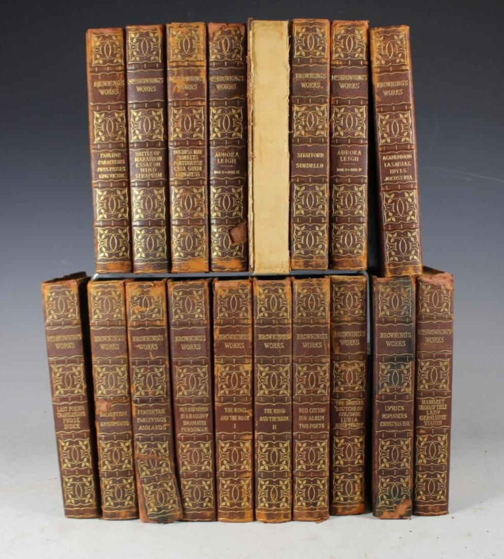 Limited Edtion The Works of Robert Browing: 717/1000 Limited Edition of The Complete Works of Robert Browning 1898 Fred DeFau and Co. Leather bound with some wear and flaking see photos. Condition good with little to no staining or foxing.