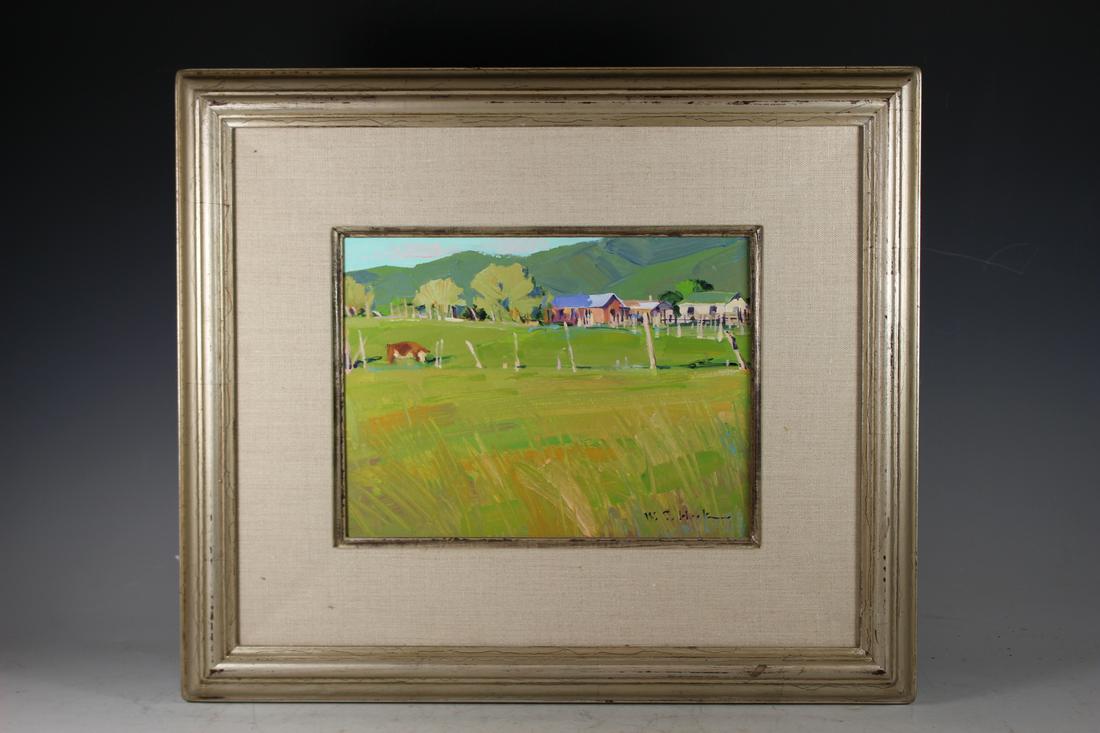 William Cather Hook: Original work of art by William Cather Hook Acrylic painting titled "Orange Cow" 9" x 12" and 21" x 18" including the frame as shown. Very good condition, see photos. The American landscape is William