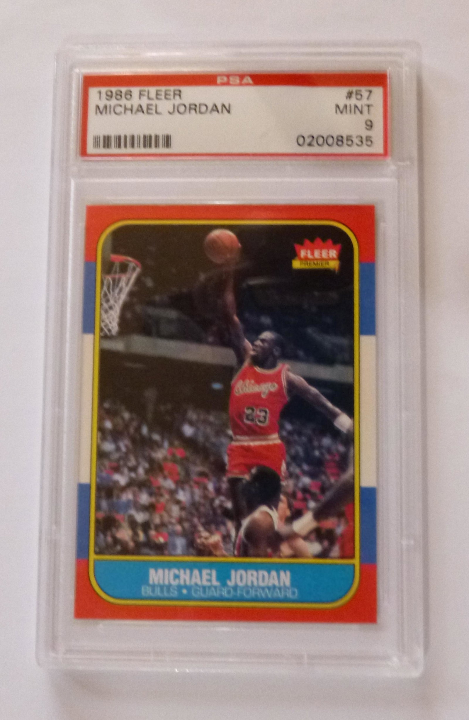 1986 Fleer Basketball #57 Michael Jordan Rookie PSA 9: Arguably the greatest athelete of all time. An icon of a sport and of a generation. This card is one of the symbols of the card collecting hobby. Out of over 16,000 of these cards graded by PSA, only 