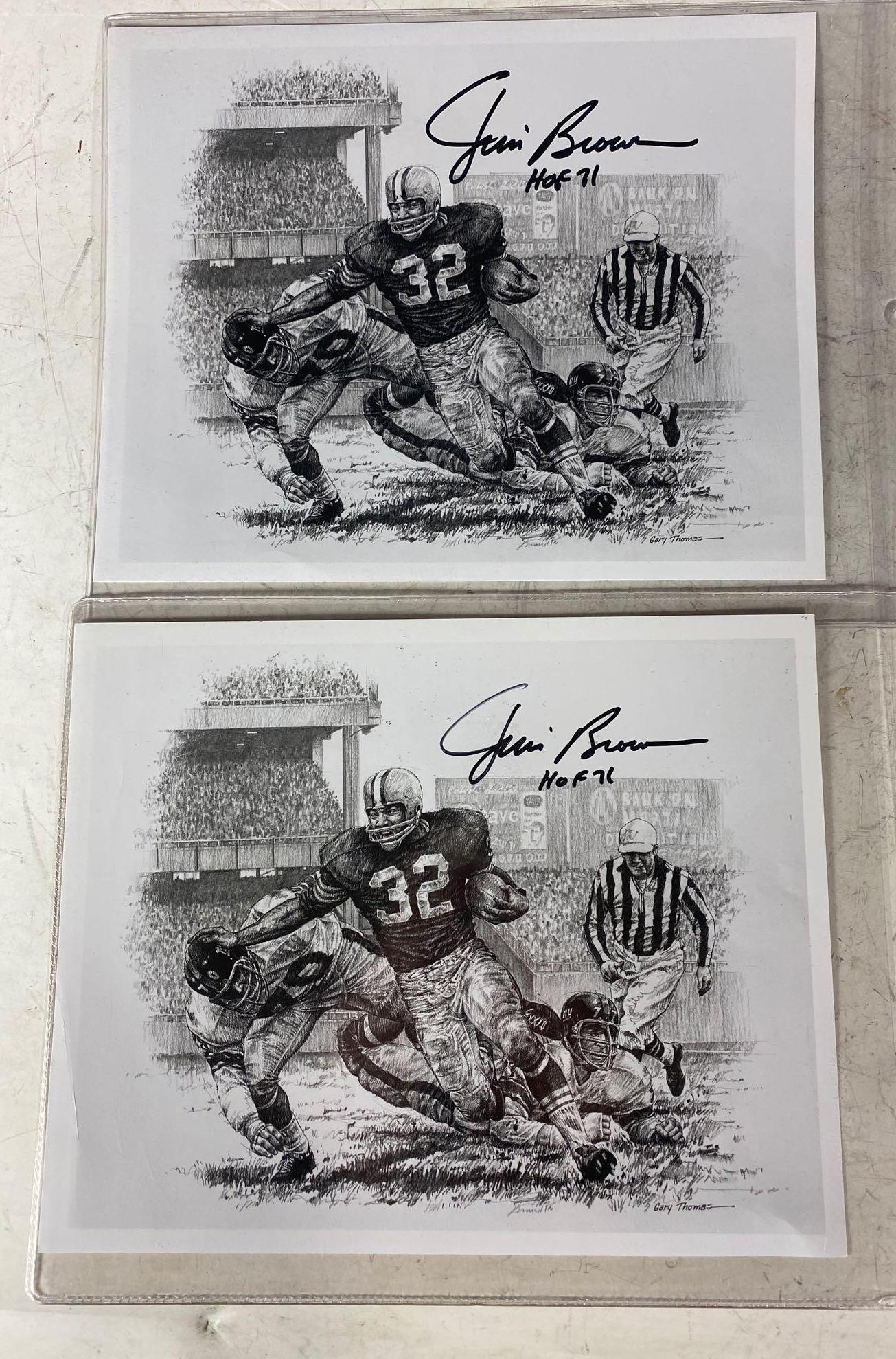 (2) Jim Brown Autographed Gary Thomas HOF 8x10's: Pair of black and white 8x10 issues by Gary Thomas. These were only available to the HOF at one point in time. Both have HOF stamp on the back. High quality black marker signatures along with "HOF 71"
