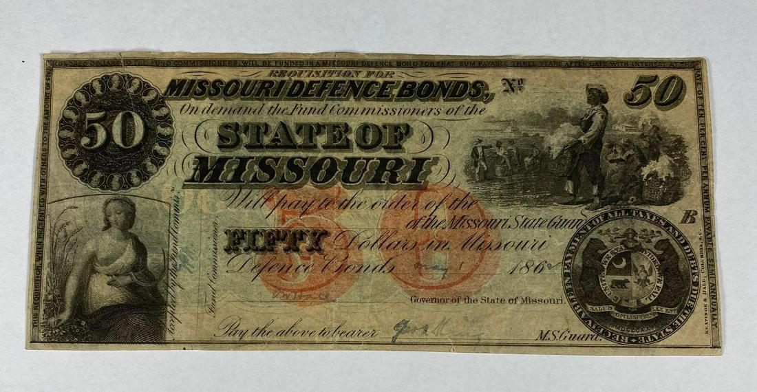 1862 State of Missouri $50 Obsolete Note: A few small pieces of tape placed on the back to secure the paper many years ago. Great color and appeal! May 1, 1862 date.