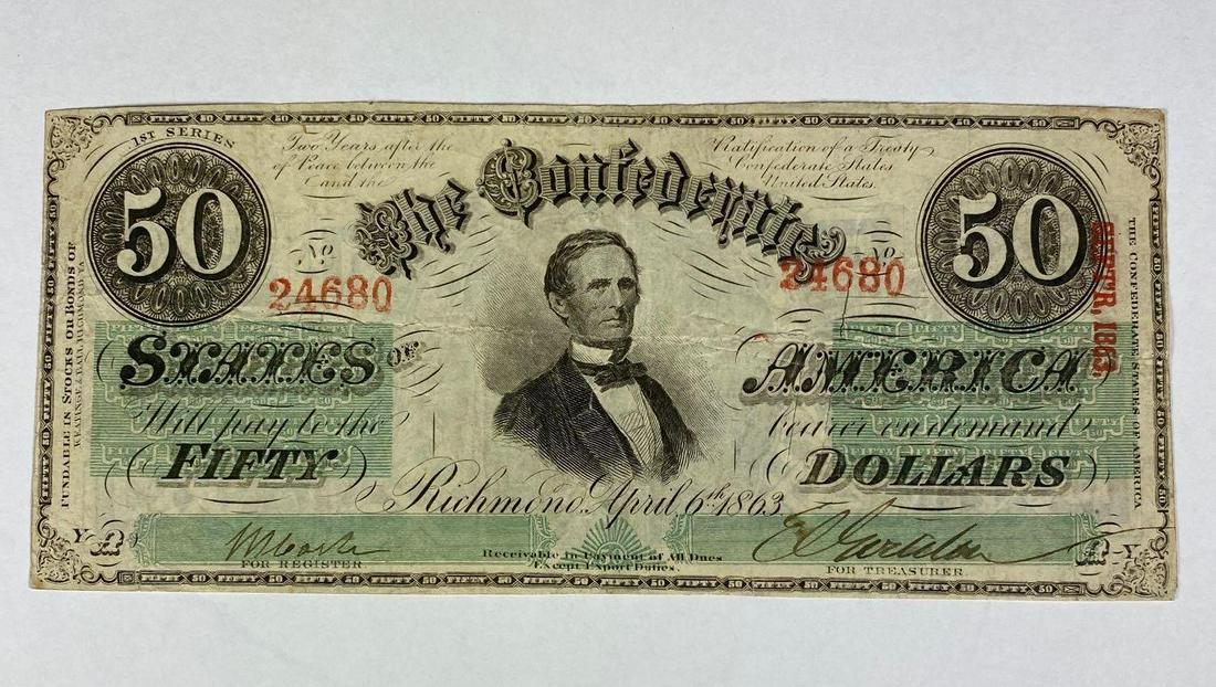 1863 Confederate States $50 Obsolete Note: Richmond, April 6, 1863. Cancelations have not removed any of the paper from the $. Great VF-F look to it