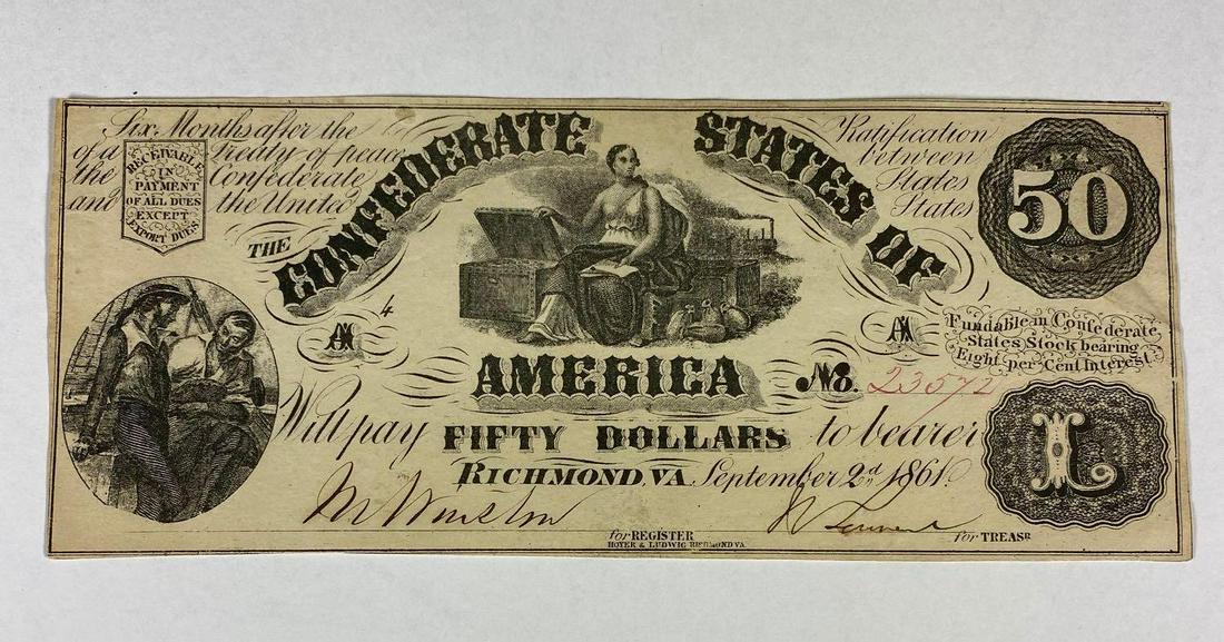 1861 Confederate States $50 Obsolete Note: Sept. 2, 1861, Richmond, VA. High Quality, About Uncirculated condition. This example was definatly kept tucked away!