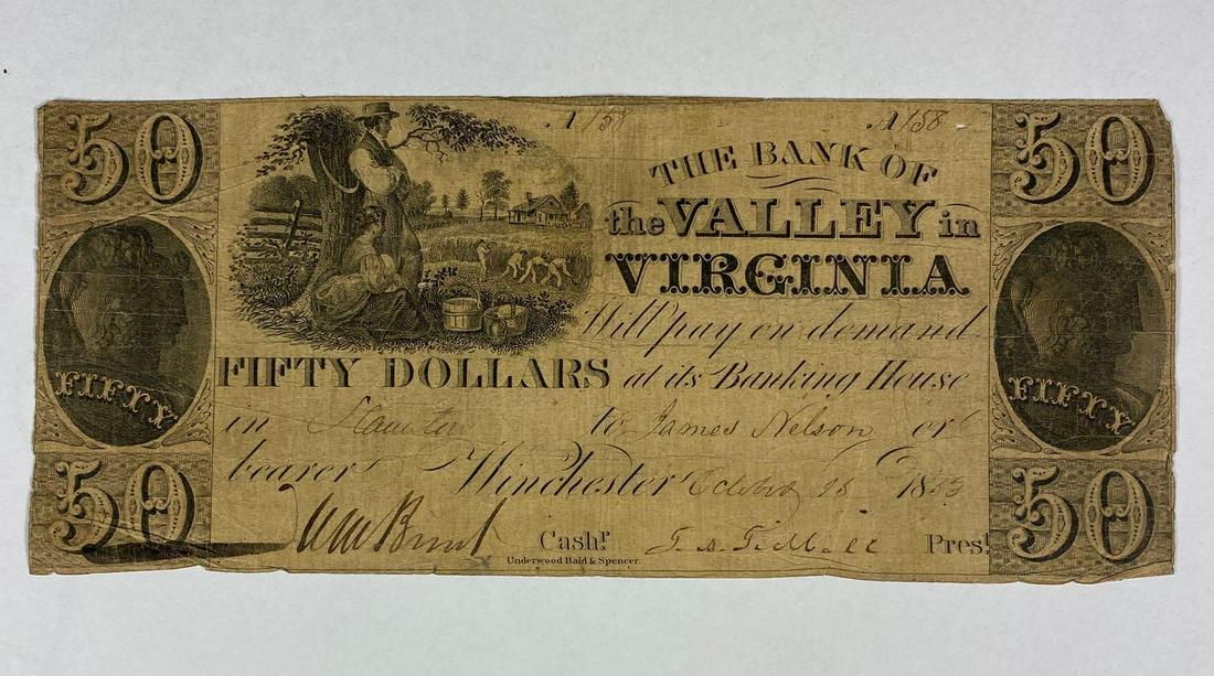 1835 Bank of the Valley in Virginia $50 Obsolete Note: October 1835 note. Shows some signs of age and wear.