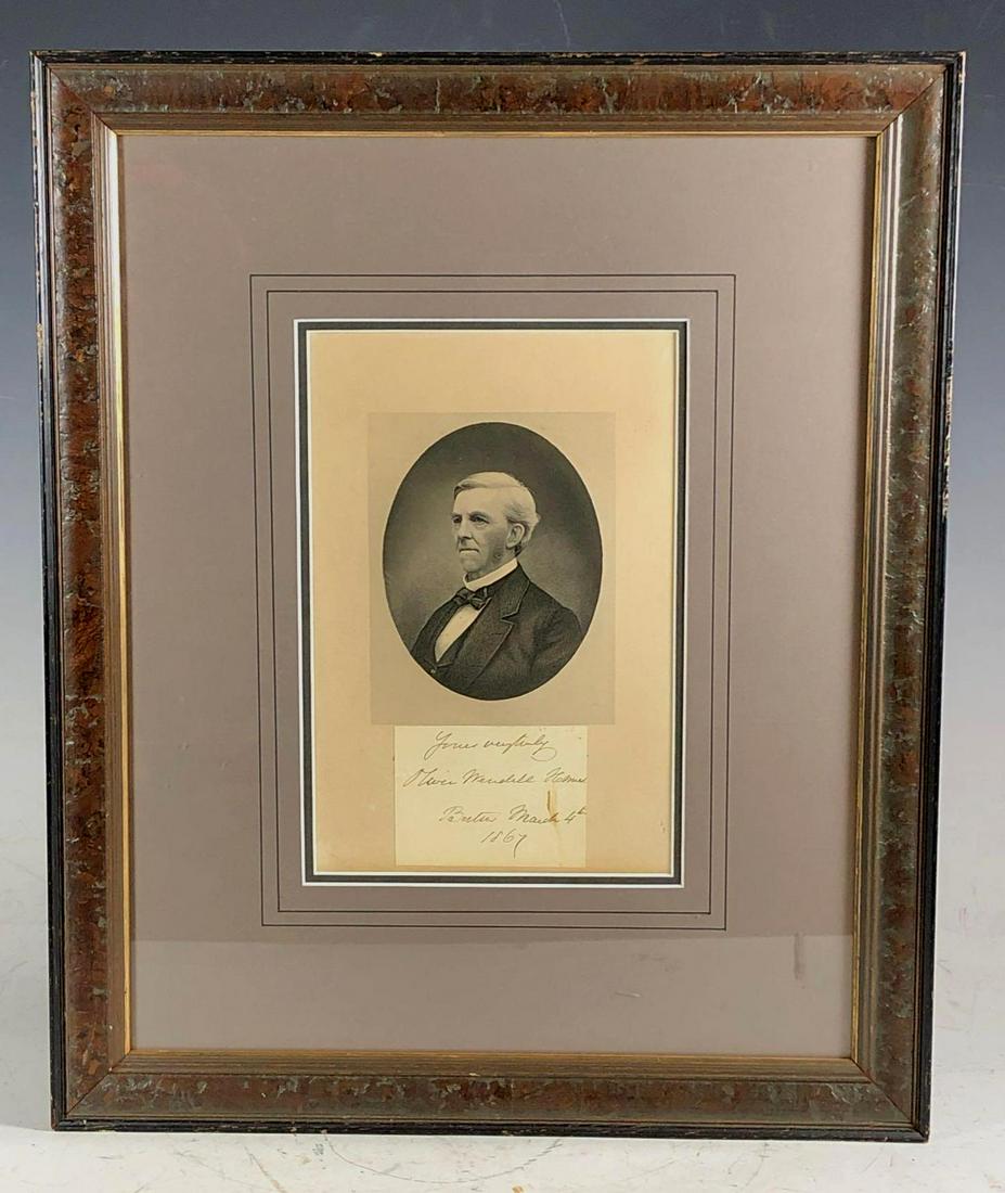 Signed Oliver Wendell Holmes Engraving ca. 1867: Dated 1867 is this signed card by Oliver Wendell Holmes framed with portrait engraving. Condition is good. Signature is approx 3" with engraving approx 10" x 7". Professionally framed and matted as sh