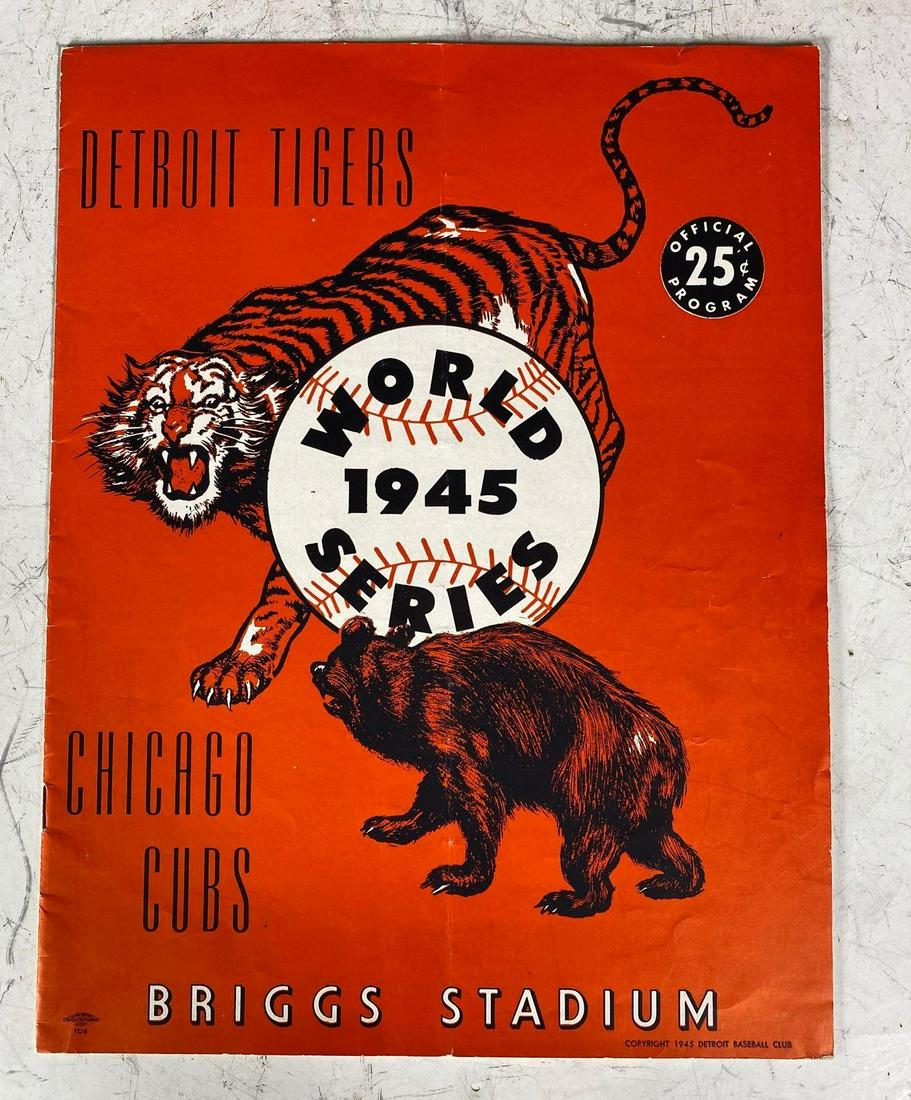 1945 World Series Program Tigers vs Cubs Briggs Stadium: Very nice, clean program that shows most minimal signs of age. EXMT + grade. World Champion Detroit Tigers defeated the Chicago Cubs in seven games. Based on the few notations made in the scorecard th