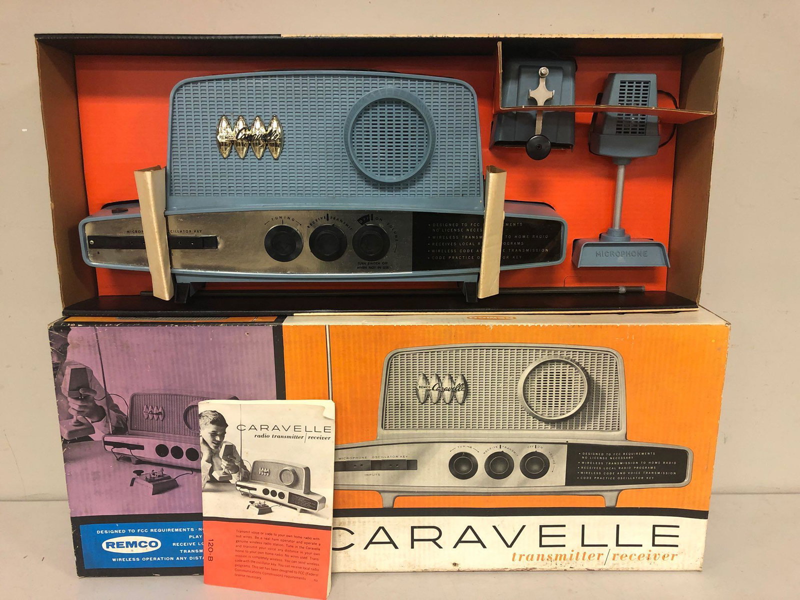 CARAVELLE RADIO TRANSMITTER AND RECEIVER FROM REMCO: A RemcoÂ CaravelleÂ radio transmitter and receiver, circa 1960s. The piece is stored in its original box and includes the radio; Morse code oscillator key, antenna and microphone. Each piece is fi