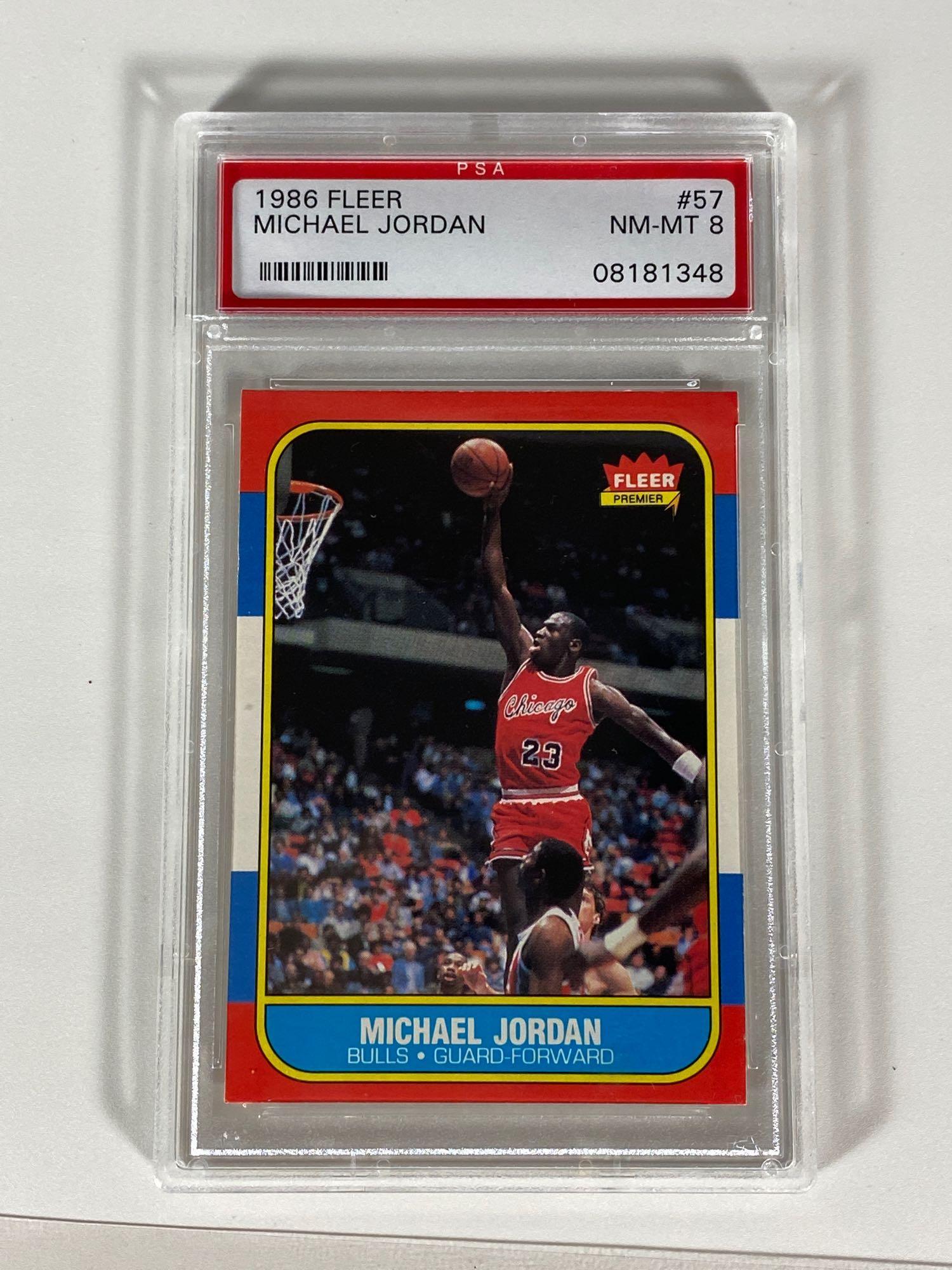 1986 Fleer Basketball Complete Set w/ Stickers Jordan: Complete set in an album that grades out as EXMT-NRMT. #57 Michael Jordan's rookie is graded NM-MT, 8 by PSA. The compete issue of (11) stickers is included. The stickers are slightly off centered. Al