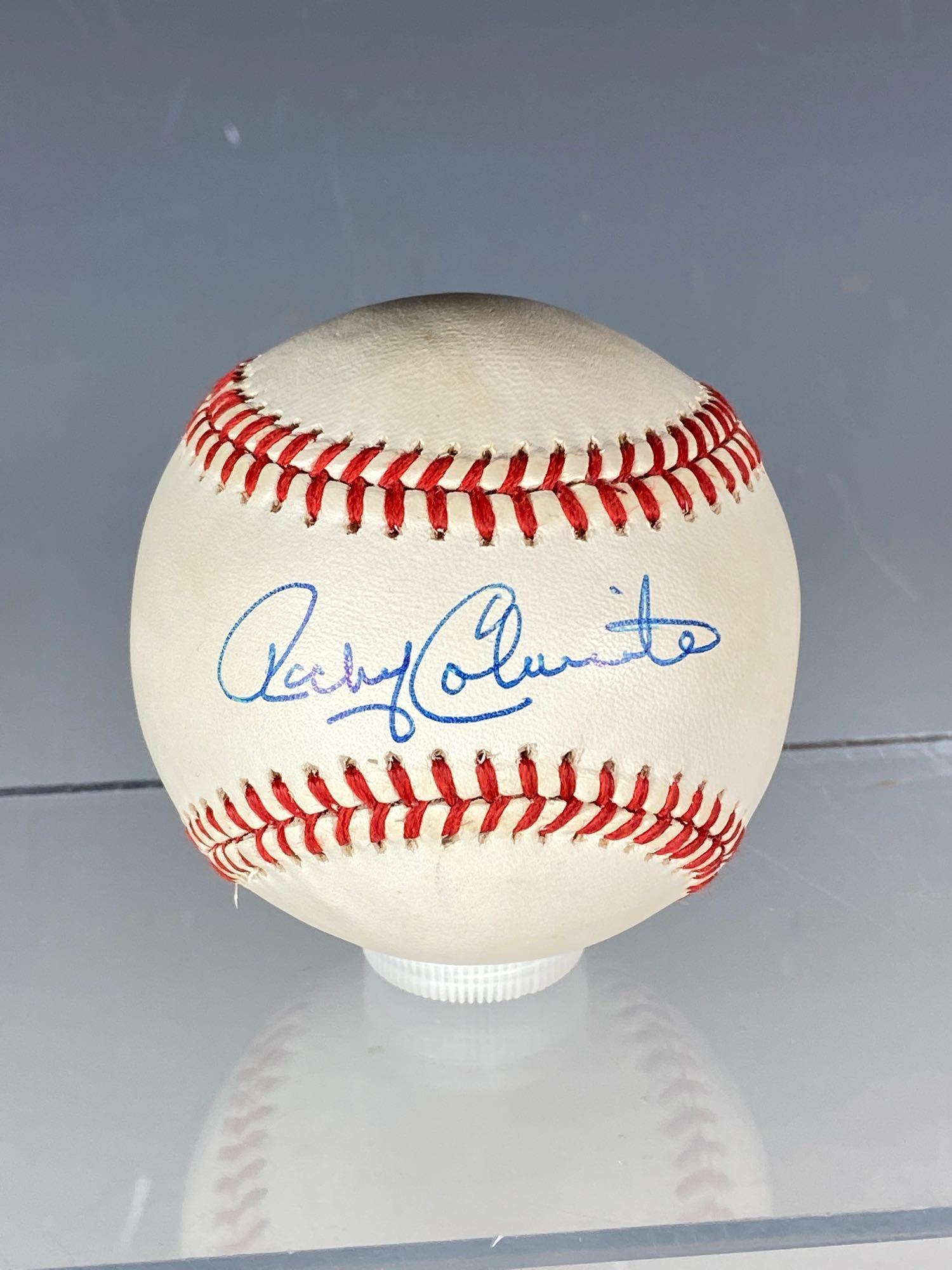 Rocky Colavito Autograph Lot Cleveland Indians: Three great items for any Colavito fan. Official Bobby Brown baseball signed on the sweet spot, NRMT. Signed 8x10 photo in blue marker. These both have tickets from the shows they were obtained at. Th