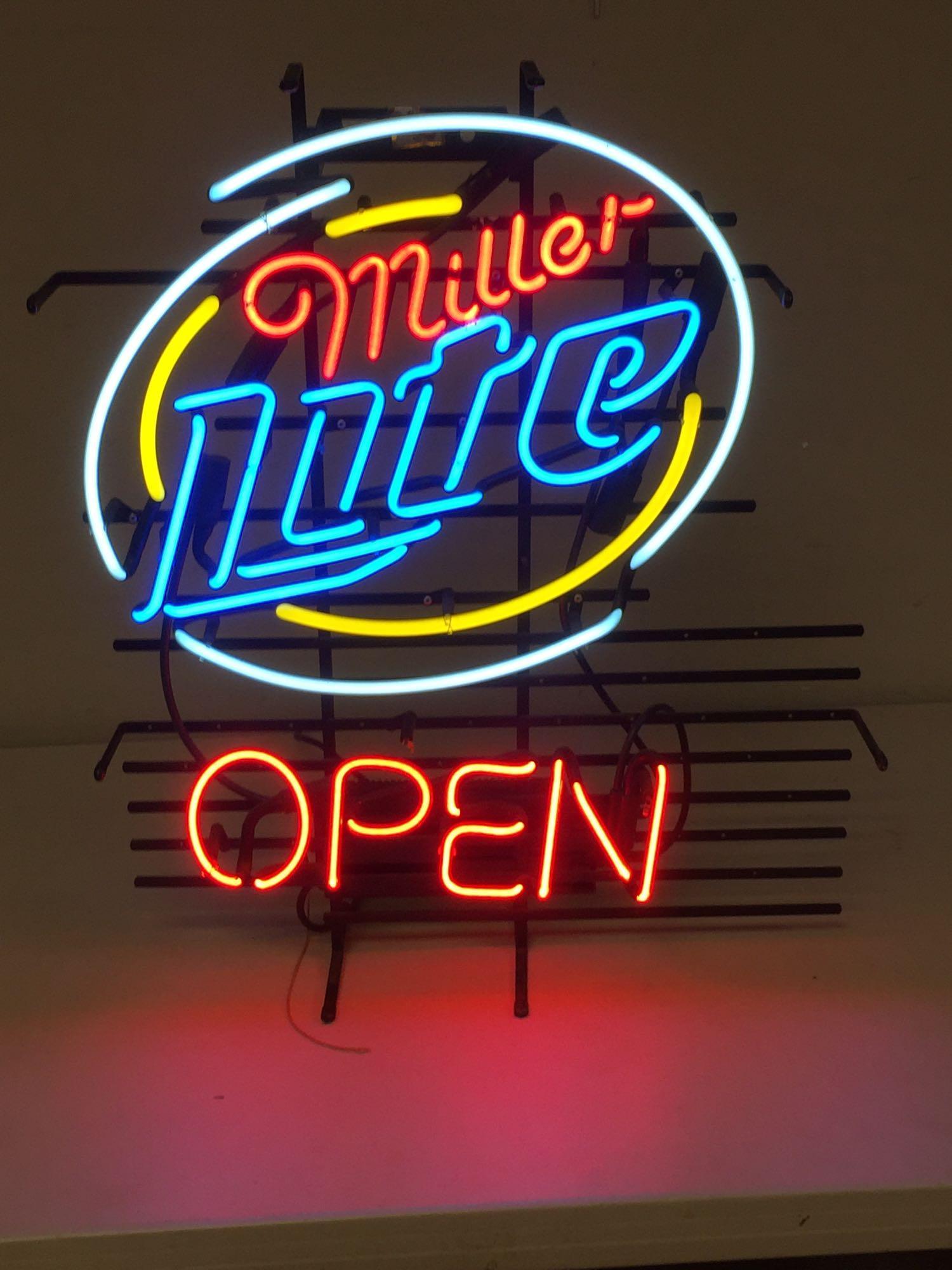 Miller Light OPEN Neon Sign: Not just a beer light, but one that lets everyone know you are open for business. Works fine