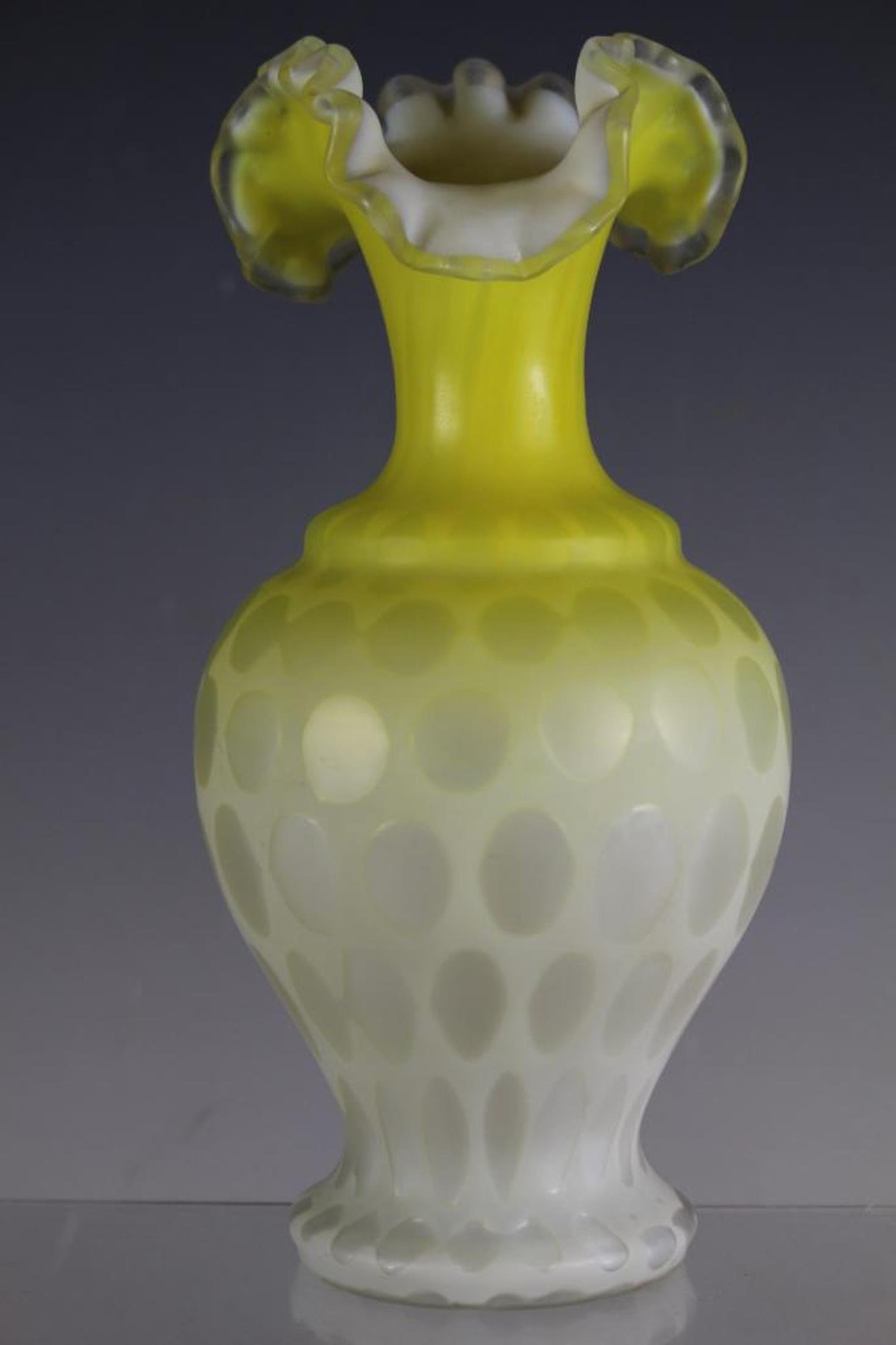 French 19th Century Satin Vase: Thomas Webb, thumbprint pattern yellow to frosted satin glass vase with three fold ruffled top edge. Raw pontil. Condition is good. Standing approx. 9" tall.ÃŠ See photos.