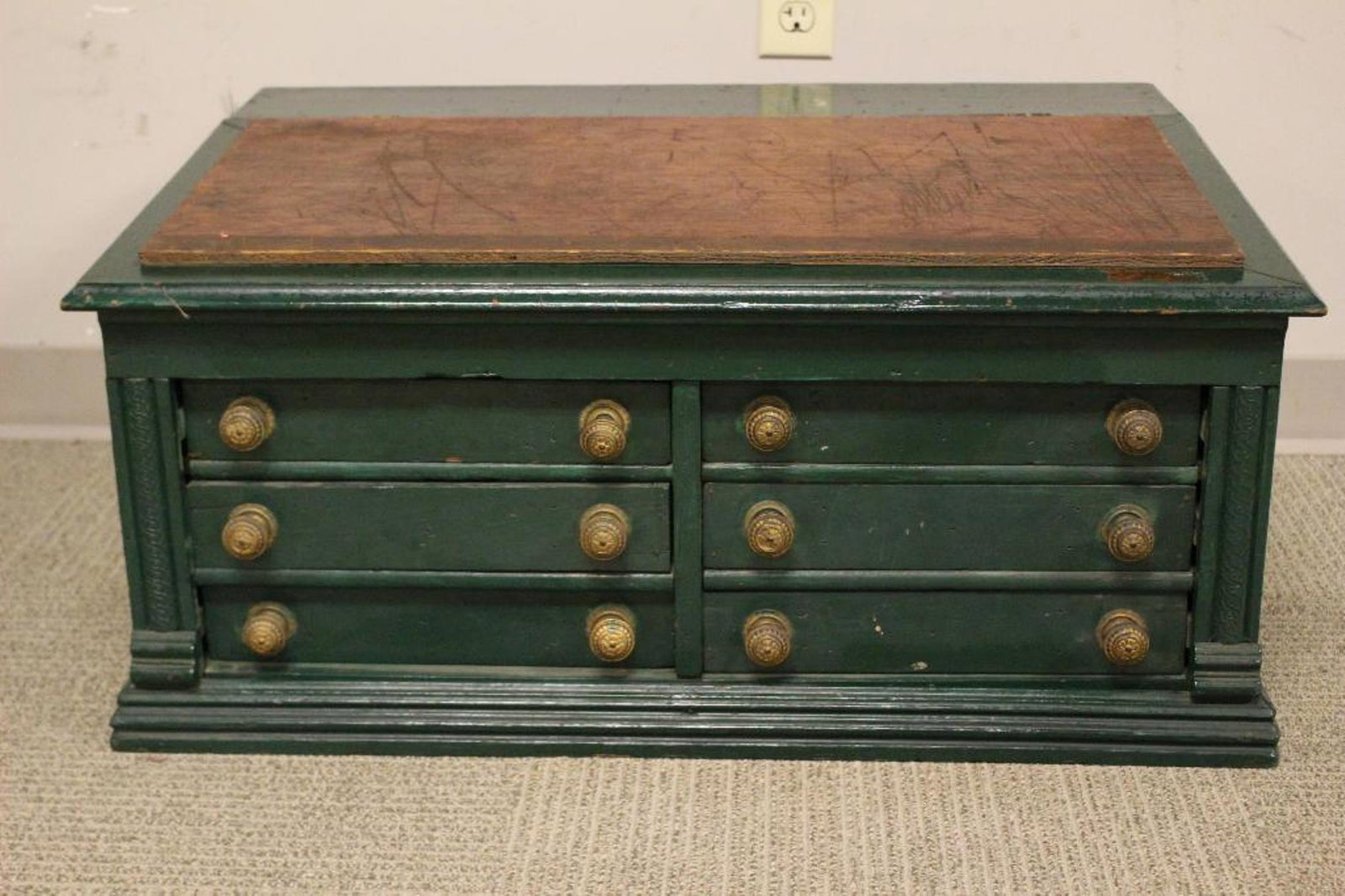 Painted 6 Drawer Spool Cabinet: Green painted over oak 19th century American spool cabinet with lift top. Not original and later paint as shown.ÃŠ See photos for details. Measuring approx 32.5" x 23.5" x 15"