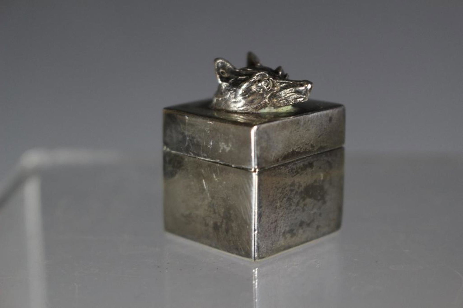 Tiffany & Company Sterling Silver Pill Box with Fox: Tiffany & Company sterling silver pill box with fox head. 3/4" square with 1 1/8" H., .575 Troy oz. ÃŠ