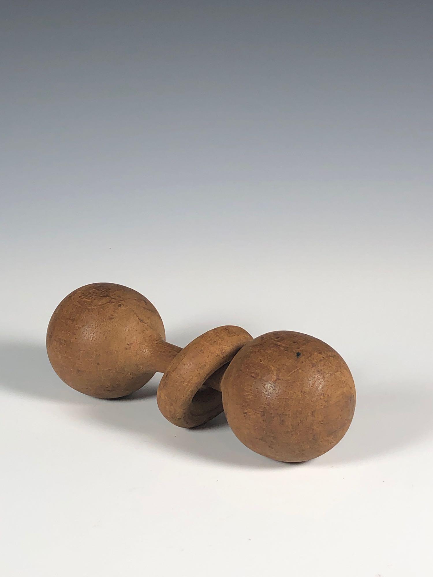 Antique Wood Dumbbell Rattle: Early American wooden Childs dumbbell rattle. Measuring approx 7" long. Good condition, see photos.