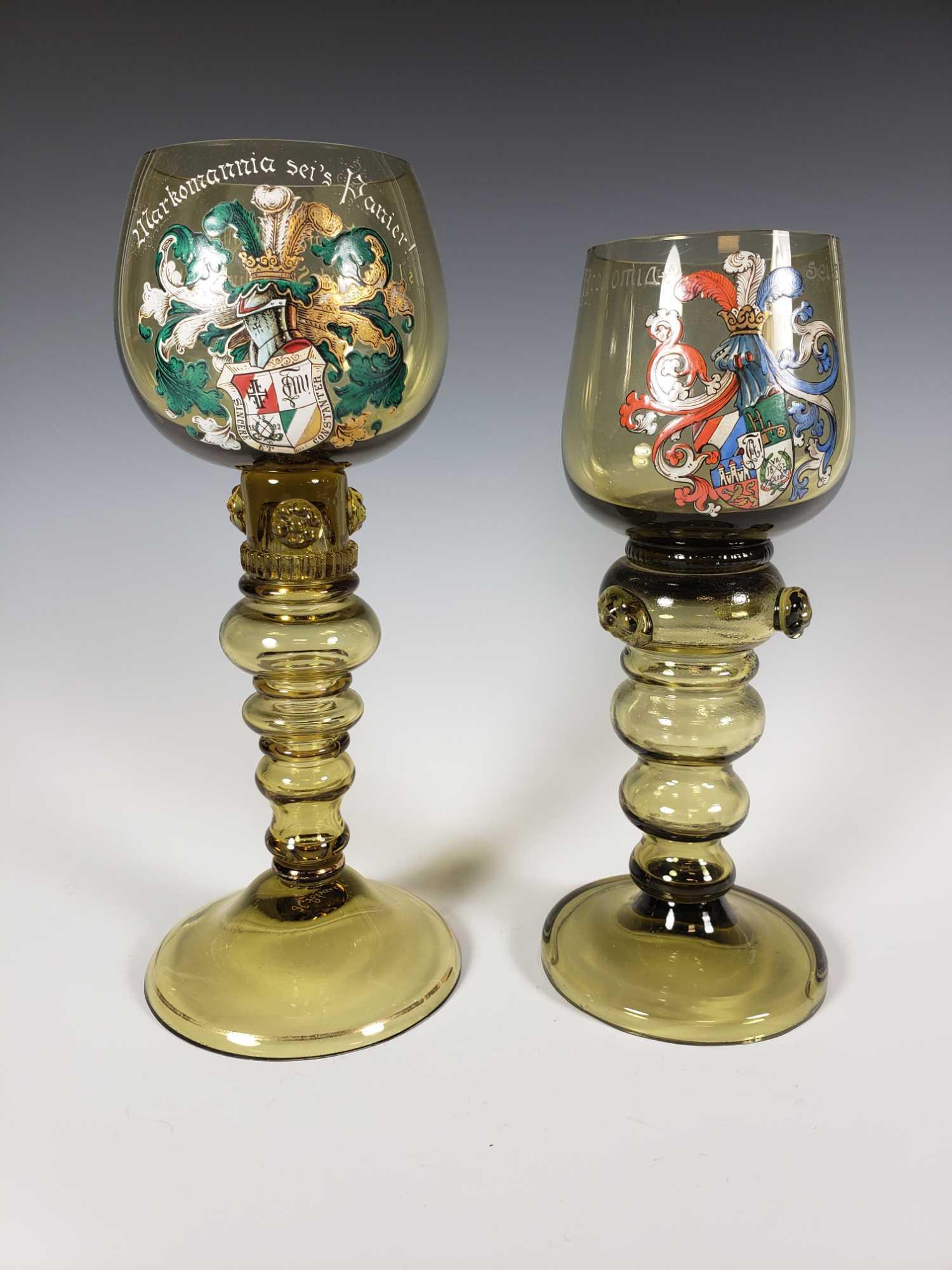 Two German Glass Chalices: Hand painted with script and coat of arms as shown. Tallest measuring approx 8.5in tall. Good condition as shown. See photos.