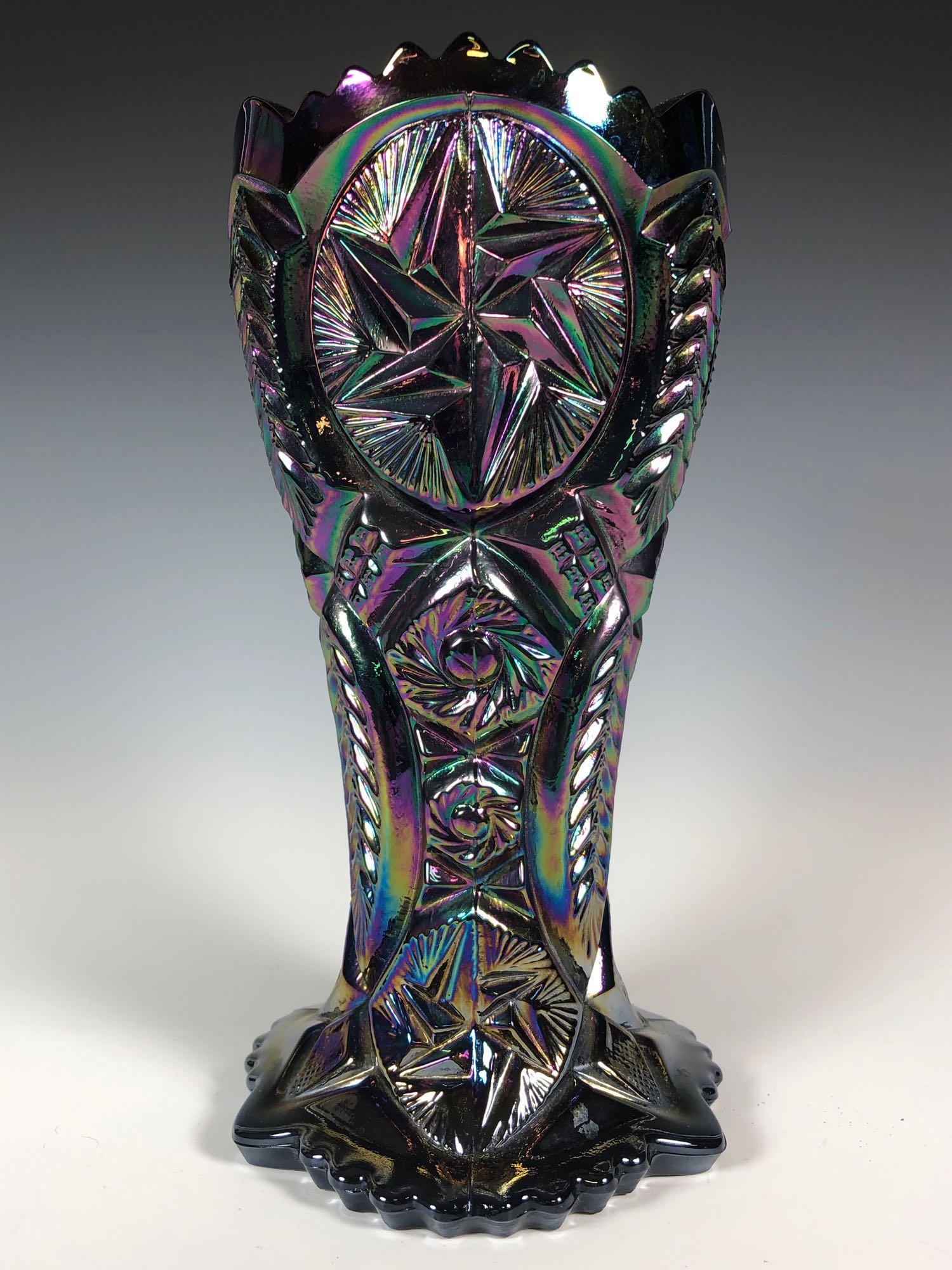 LE Smith Amethyst Carnival Art Glass Vase: Stamped "S" on base as shown. Mid to late 20th century carnival glass vase. Measuring approx 9" tall. Condition is good, see photos.
