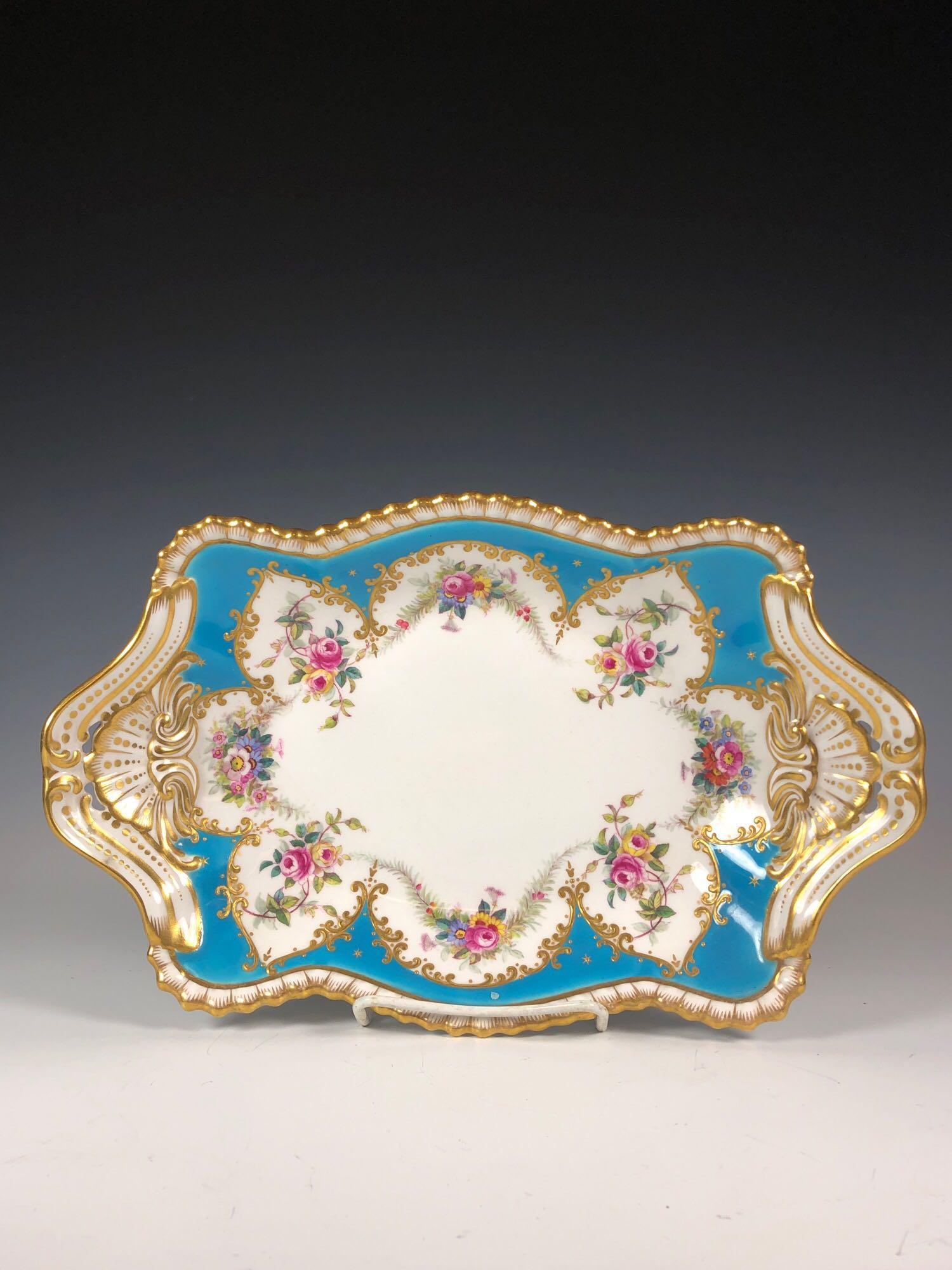 Copelands Porcelain French Sevres Style Serving Tray: Copeland's England porcelain serving tray in teal and gold gilt with floral patterned. Approx. 12" by 8". Overall very good condition, see photos.