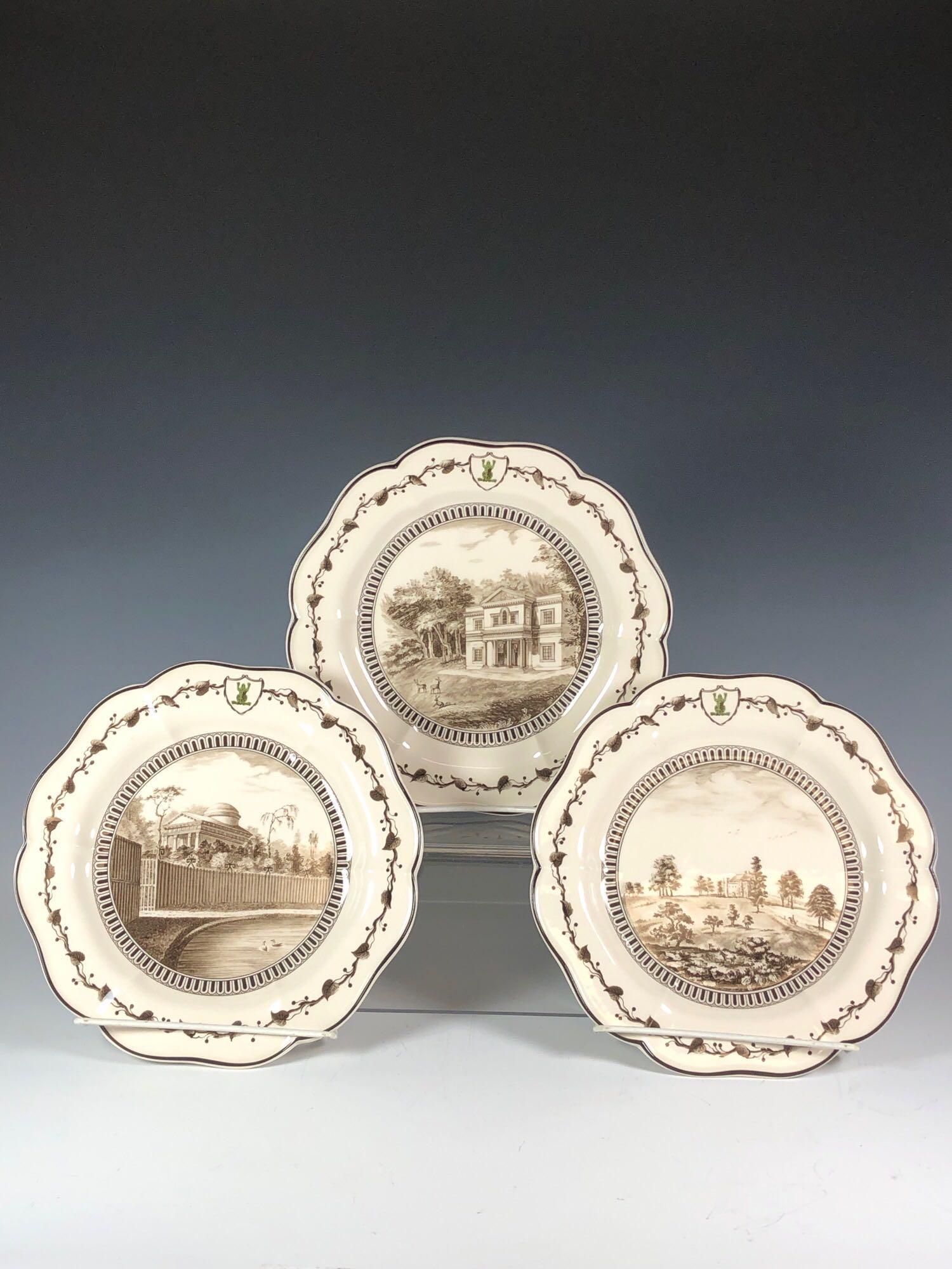 Three English Wedgwood Plates: Three wedgwood porcelain cabinet plates limited to 3000 as shown. Condition is very good as shown. Approx 9" diameter. Various collection APIECE FROM THE FROG SERVICE COMMISSIONED BY CATHERINE II OF R
