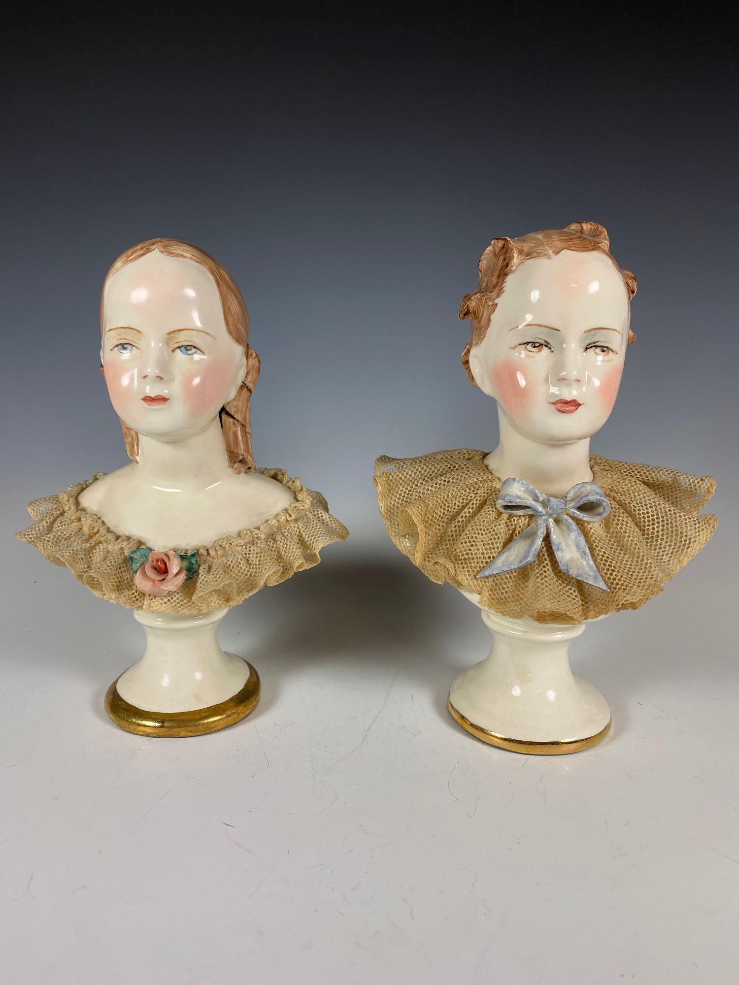 Ca. 1950 California Dresden By Avis "Aurelia" and: Pair of 1950s California Dresden bust by Avis "Raphael" 2423 and "Aurelia" 2422. Approx. 7 3/4" tall. In good age appropriate condition with some minor lace loss, see photos.