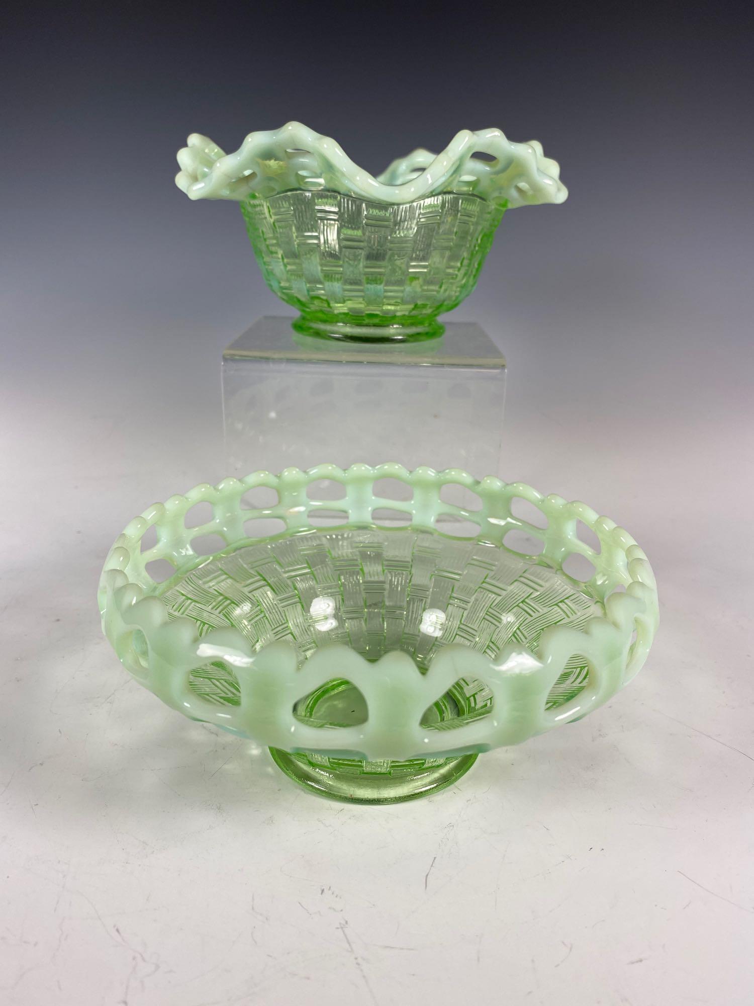 2 Green Depression Glass Basket Weave Candy Dishes: Green depression candy dishes in basket weave patterns. Approx. 2 1/2" tall each. In good age appropriate condition, see photos.