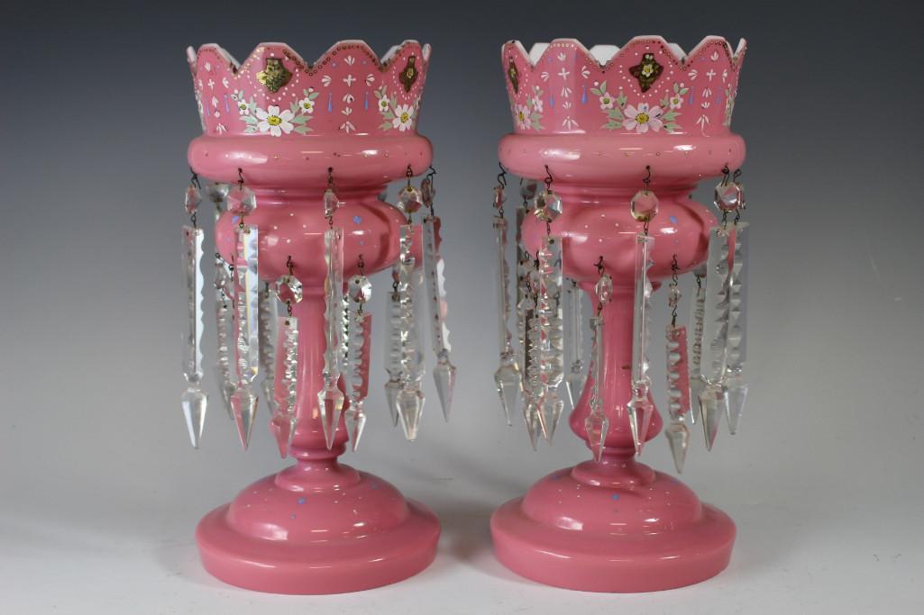 Pair of Victorian Pink Mantle Lusters: Tall form with floral enamel decoration and partial gilt. Some light wear, missing two prisms as shown. See photos. Measuring approx. 14" tall.