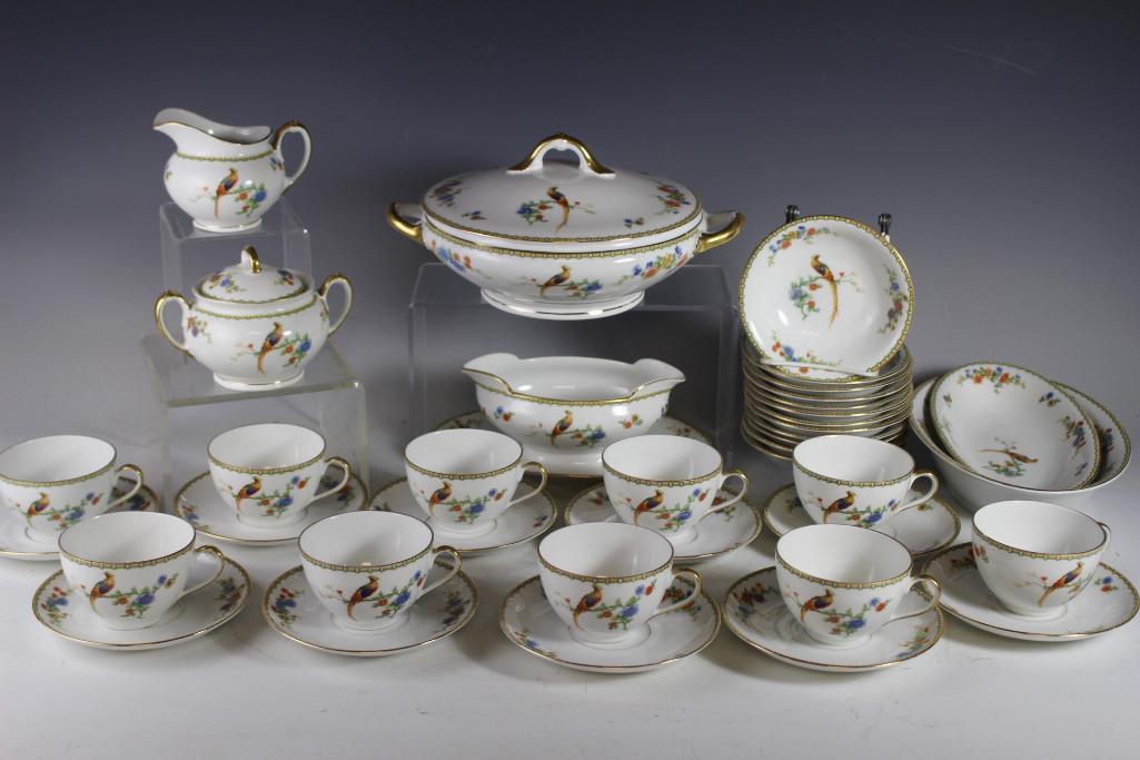 Golden Pheasant Luncheon Dessert Porcelain Dessert Set: Czechoslovakian porcelain luncheon set including 10 cups and saucers, 12 finger bowls, two oval serving dishes, lidded tureen and a gravy boat. Condition is good as shown, see photos.